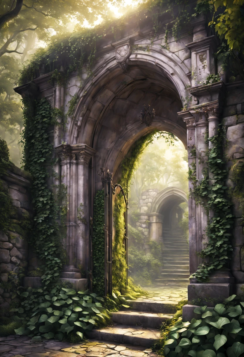 (main subject),forgotten gateway of time and space,(best quality,4k,8k,highres,masterpiece:1.2),(realistic,photorealistic,photo-realistic:1.37),mysterious portal,enchanted door to other dimensions,ancient architecture,grand entrance,symbol of a lost era,detailed carvings,magical inscription,enchanted symbols,mystical atmosphere,faded colors,crumbling walls,overgrown vines and moss,forgotten path,faint whispers of the past,echoes of ancient civilizations,unveiling secrets,long-lost civilizations,otherworldly wonders,eerie ambiance,glimmer of uncertainty,transcendent realm,cosmic energy,pure light,celestial beings,distant galaxies,transdimensional travelers,ancient knowledge,powerful artifacts,immense power,interwoven realms of time and space,serene beauty,ethereal haze.