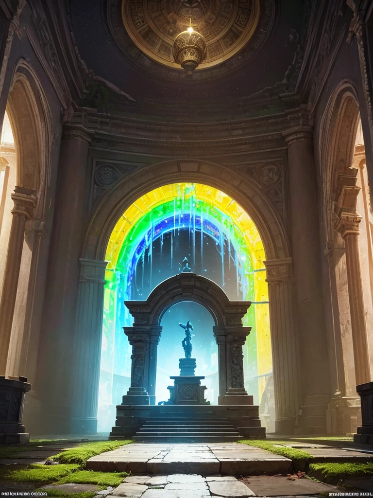A door placed above the altar of a ruined ancient ruin., huge circular dome, The dome is decorated with runes, ((A translucent neon door at the very back)), ((A rainbow-colored door that brings together the technologies of ancient civilizations)), highly detailed digital art, Stunning artwork in 8k, 8K high definition concept art, fantasy art, (wide-angle shot), (highest quality), (masterpiece)), realistic, Fantastic, Mysterious