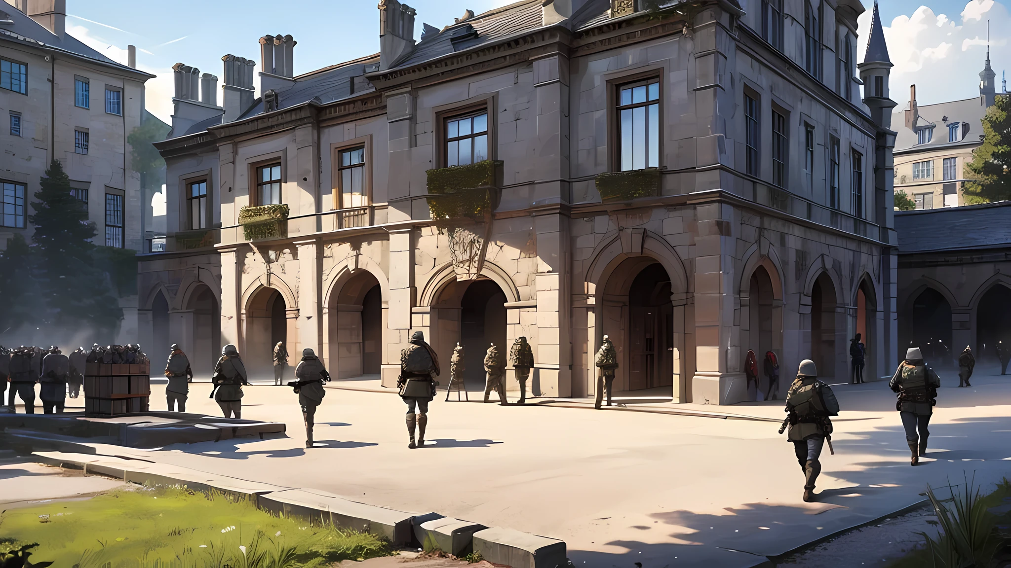 Many soldier people, A realistic drawing of a photo of an ancient castle with Warriors and many people walking. the military drill site of the army, workshops and food warehouses. On its outside, the nobles stone mansions were concentrated within the second wall