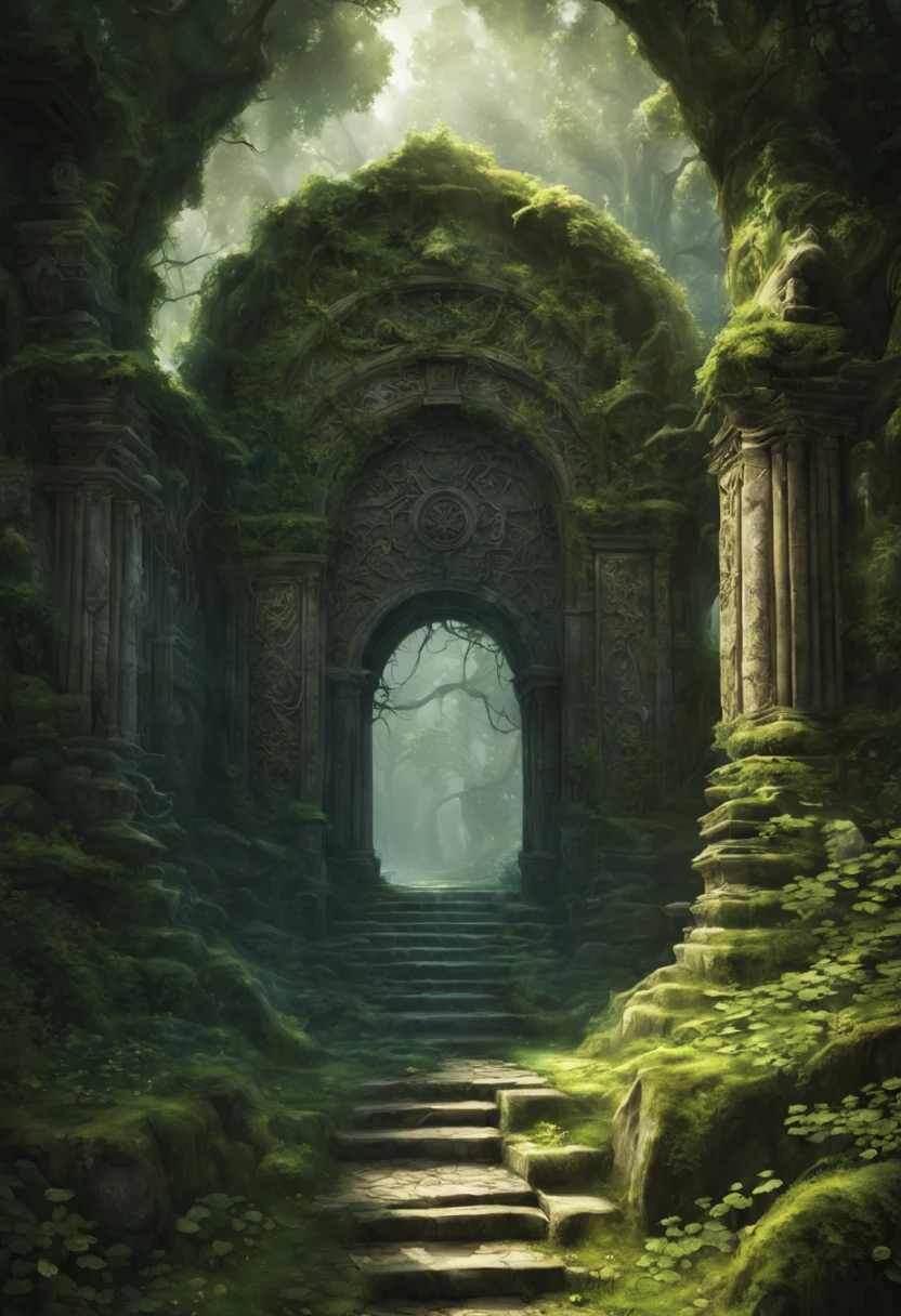 (main subject),forgotten gateway of time and space,(best quality,4k,8k,highres,masterpiece:1.2),(realistic,photorealistic,photo-realistic:1.37),mysterious portal,enchanted door to other dimensions,ancient architecture,grand entrance,symbol of a lost era,detailed carvings,magical inscription,enchanted symbols,mystical atmosphere,faded colors,crumbling walls,overgrown vines and moss,forgotten path,faint whispers of the past,echoes of ancient civilizations,unveiling secrets,long-lost civilizations,otherworldly wonders,eerie ambiance,glimmer of uncertainty,transcendent realm,cosmic energy,pure light,celestial beings,distant galaxies,transdimensional travelers,ancient knowledge,powerful artifacts,immense power,interwoven realms of time and space,serene beauty,ethereal haze.