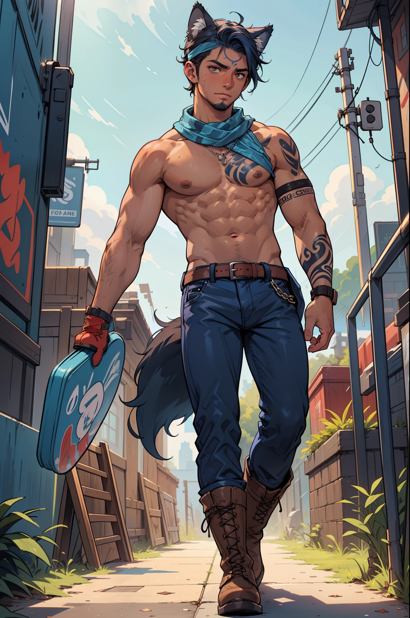 ((showing deep v-line)), shirtless, topless, skateboarder punk man ((wearing boots)), masculine, full body shot, viewed from below, highly detailed face, sweating, masculine with short beard, body hair, ((dark tanned skin)), bulge, short blue hair, ((has wolf ears)), ((has wolf tail)), neon grunge punk graffiti, wearing ((red leather)) pants in yellow, ((he is solo, he is alone)), ((blue tattoos)), wearing bandana and leather wrist bands, wearing fingerless gloves, muscular thighs