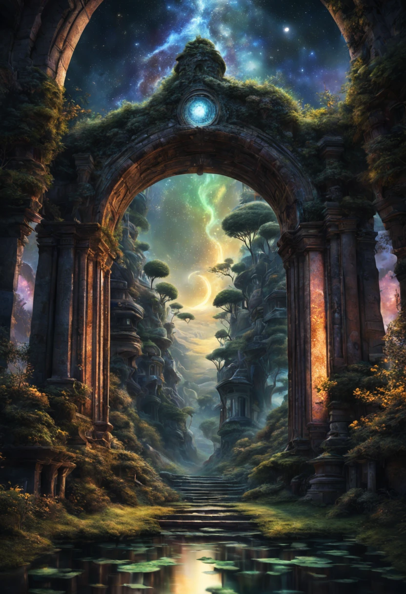 (main subject),forgotten gateway of time and space,(best quality,4k,8k,highres,masterpiece:1.2),(realistic,photorealistic,photo-realistic:1.37),mysterious portal,enchanted door to other dimensions,ancient architecture,grand entrance,symbol of a lost era,detailed carvings,magical inscription,enchanted symbols,mystical atmosphere,faded colors,crumbling walls,overgrown vines and moss,forgotten path,faint whispers of the past,echoes of ancient civilizations,unveiling secrets,long-lost civilizations,otherworldly wonders,eerie ambiance,glimmer of uncertainty,transcendent realm,cosmic energy,pure light,celestial beings,distant galaxies,transdimensional travelers,ancient knowledge,powerful artifacts,immense power,interwoven realms of time and space,serene beauty,ethereal haze.