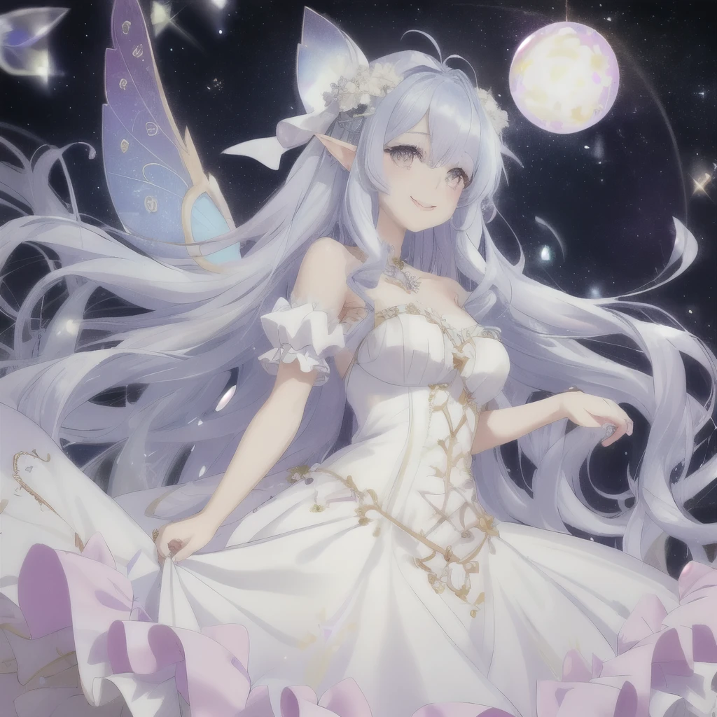 beautiful fairy girl in tiered colorful gradient ballgown dress, highest quality,masterpiece,16K or 8K,Super detailed,gradient glitter ,One piece with plenty of frills、 fairy princess、 giant white fairy wings、 Flowers and colorful plants, beautiful, masterpiece, highest quality、gradient hair, light blue hair, floating hair, wavy hair,fluffy hair、 very long hair, Hair ribbon at the back of the head, pastel wreath on head,Lavender colored eyes, long eyelashes, beautiful eyes、pointed ears, light smile, bright pupils, ((Sparkling fluffy layered ball gown)), (magic, Whimsical), Long flowing colorful hair, beautiful顔,digital illustration, masterpiece,highest quality,High resolution,Super detailed, masterpiece, highest quality、Shiny smile、natural makeup、smile with your mouth closed、floating in the air、dress studded with roses