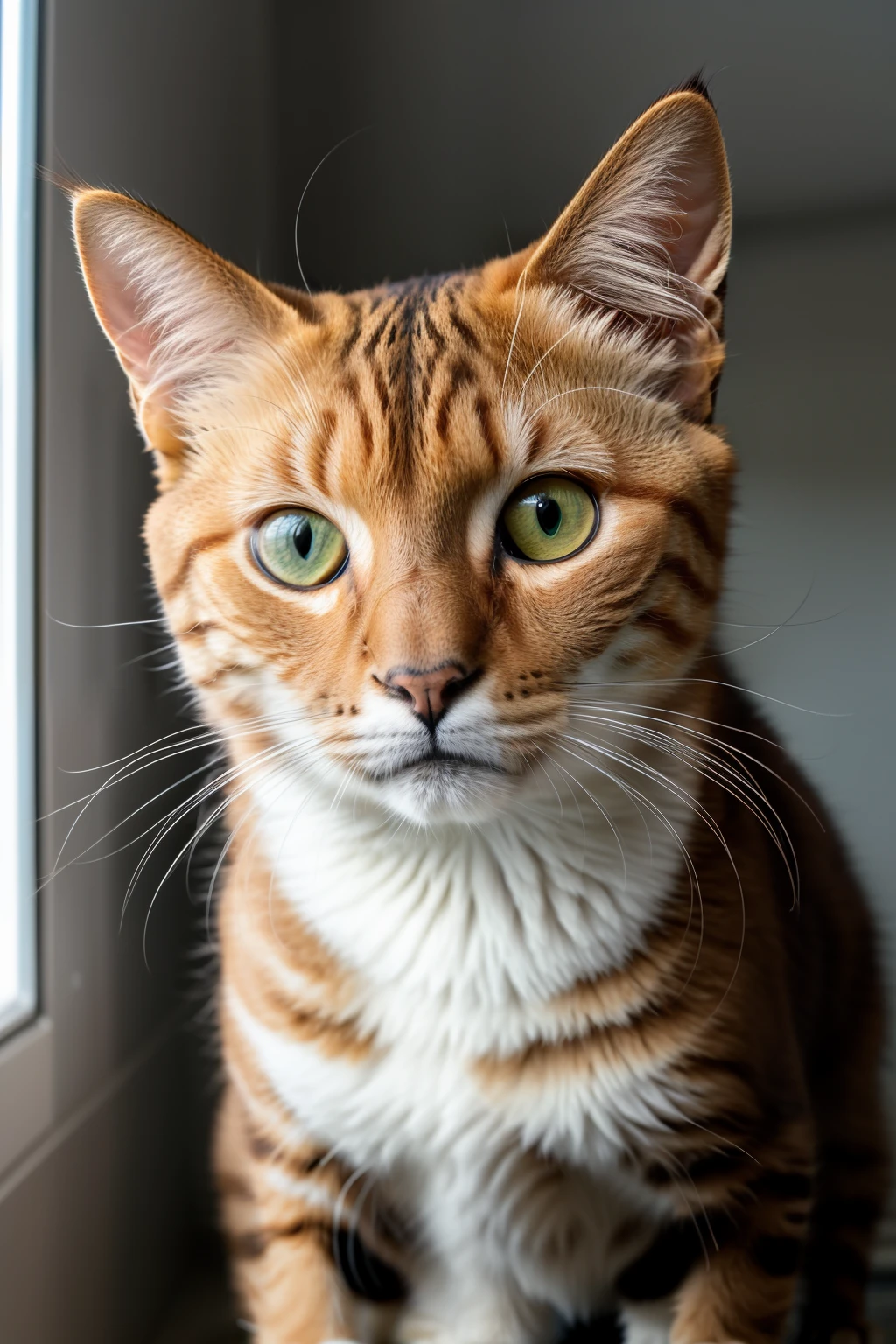 Foto RAW em sequencia, uma foto de um gato, ((close-up do rosto feliz e curioso)), determinado olhar, selfie, bath there, planos de fundo detalhados pouco desfocados, luzes naturais, HDR, foto realista, foto profissional, flerte com o espectador, visual engagante, fotorrealista, Linda, pelagem suave e macia, 4k UHD, alta qualidade, filmic grain, Fujifilm X100V.
A sequence of RAW photos, a picture of a cat, (