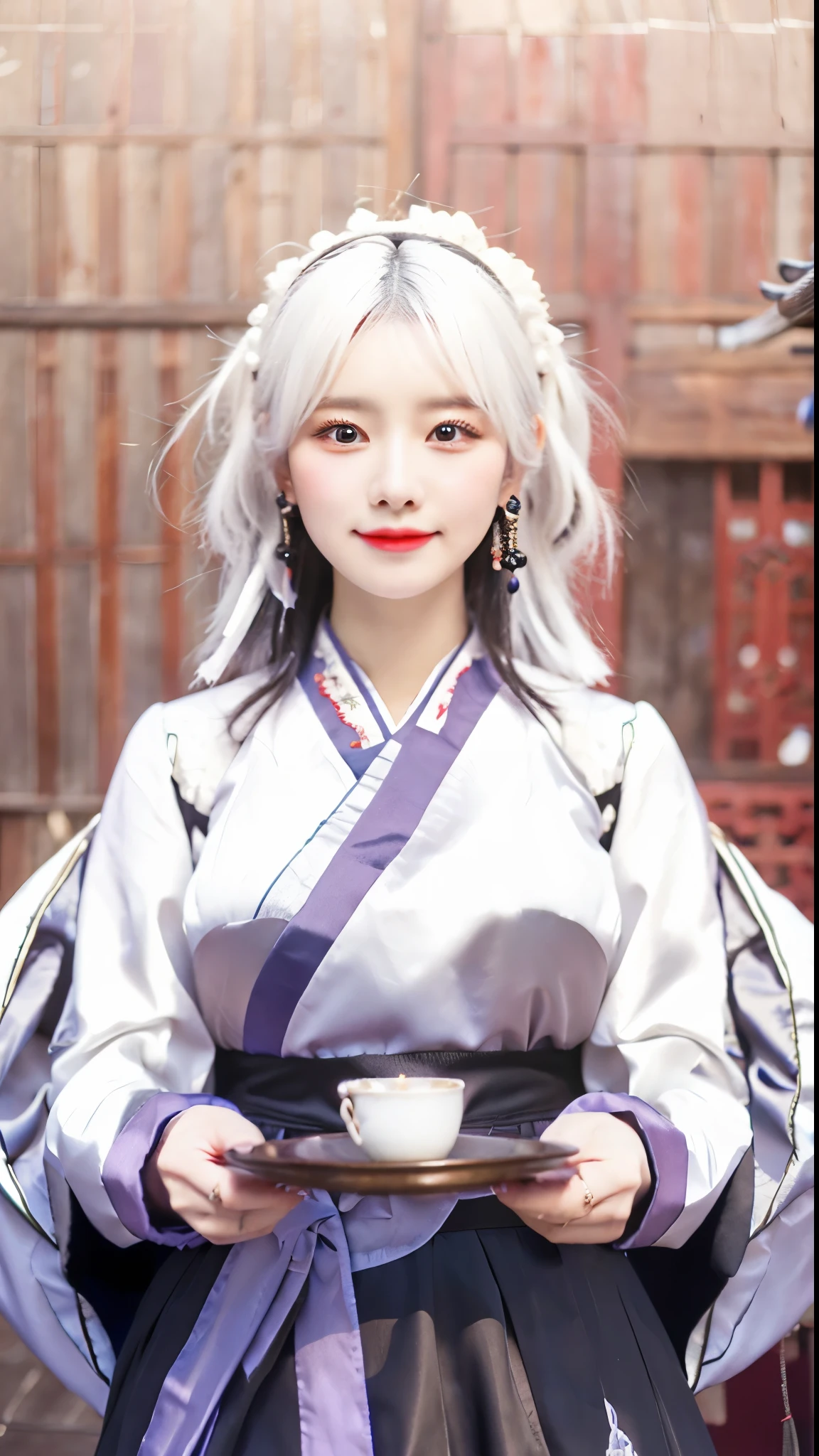 1girl, White hair, Her breasts are big, wearing traditional Chinese clothes, Carrying a cup, realistic, ultra detail, 70mm lens,Best quality,