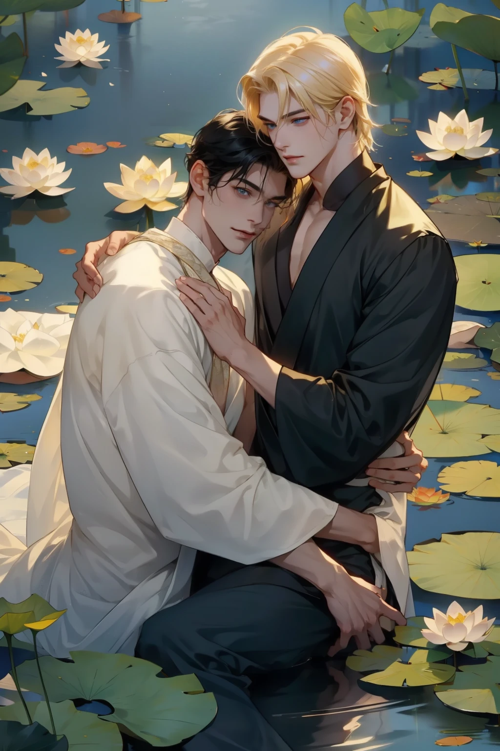 In the lotus pond,A man with fair skin and blond hair and a man with dark skin and black hair,Snuggle together,