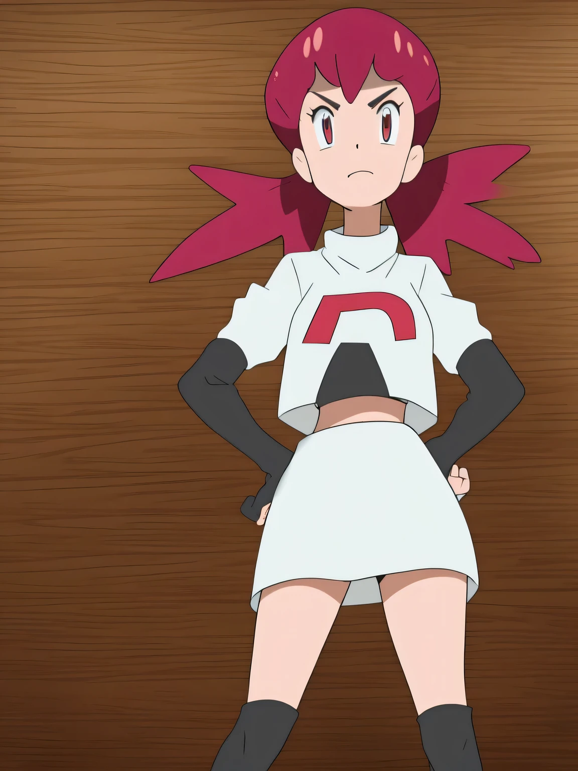 team rocket uniform, red letter r, white skirt,white crop top,black thigh-high boots, black elbow gloves, glaring angrily, looking at viewer, hands on hips, full body seen