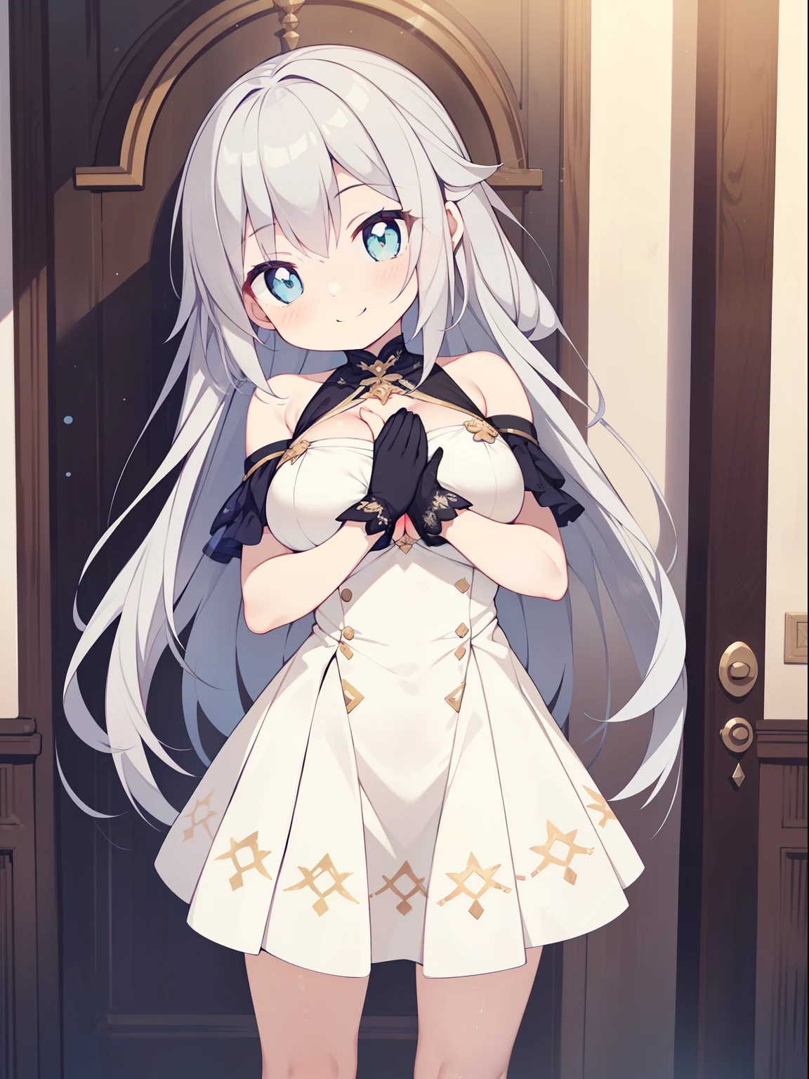 (girl:1.2), (1 person:1.2),(10歳のgirl)、若いgirl、big breasts、 nffsw、shader、highly detailed eyes、long straight hair、side boob、Lustrous cleavage、silver hair、silky hair、one shoulder clothing(White thin fabric、mini skirt、plain silk gloves)、ultra-intricate pupil in eyes、highest quality、bright colors、Bust 100、rests、Standing picture of the game、Stirring composition、Composition looking up from below、Lift your with your hands、Pose that emphasizes the chest、fold your arms、grinning expression、eyes half closed、open your mouth、Stinking eyes、evil face、Bullish smile、fold your hands behind your back、Hide your hands、evil smile、whole body、beautiful