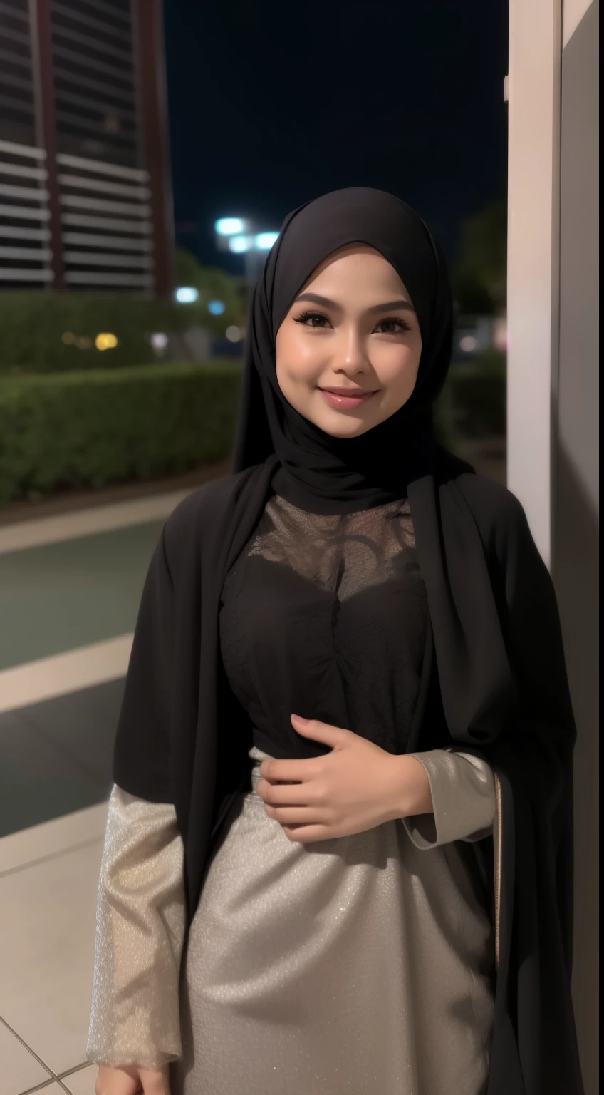 Malay girl in hijab wear small floral black baju kurung malaysia in college, wear back pack, front view, detail skin, detail skin texture, mole below eyes, small breast, big hip, big waist, big thigh, slim abs, beautiful body, nighttime, laughing, happy, bright lighting, college student in background, crowded college, blur background, bokeh,