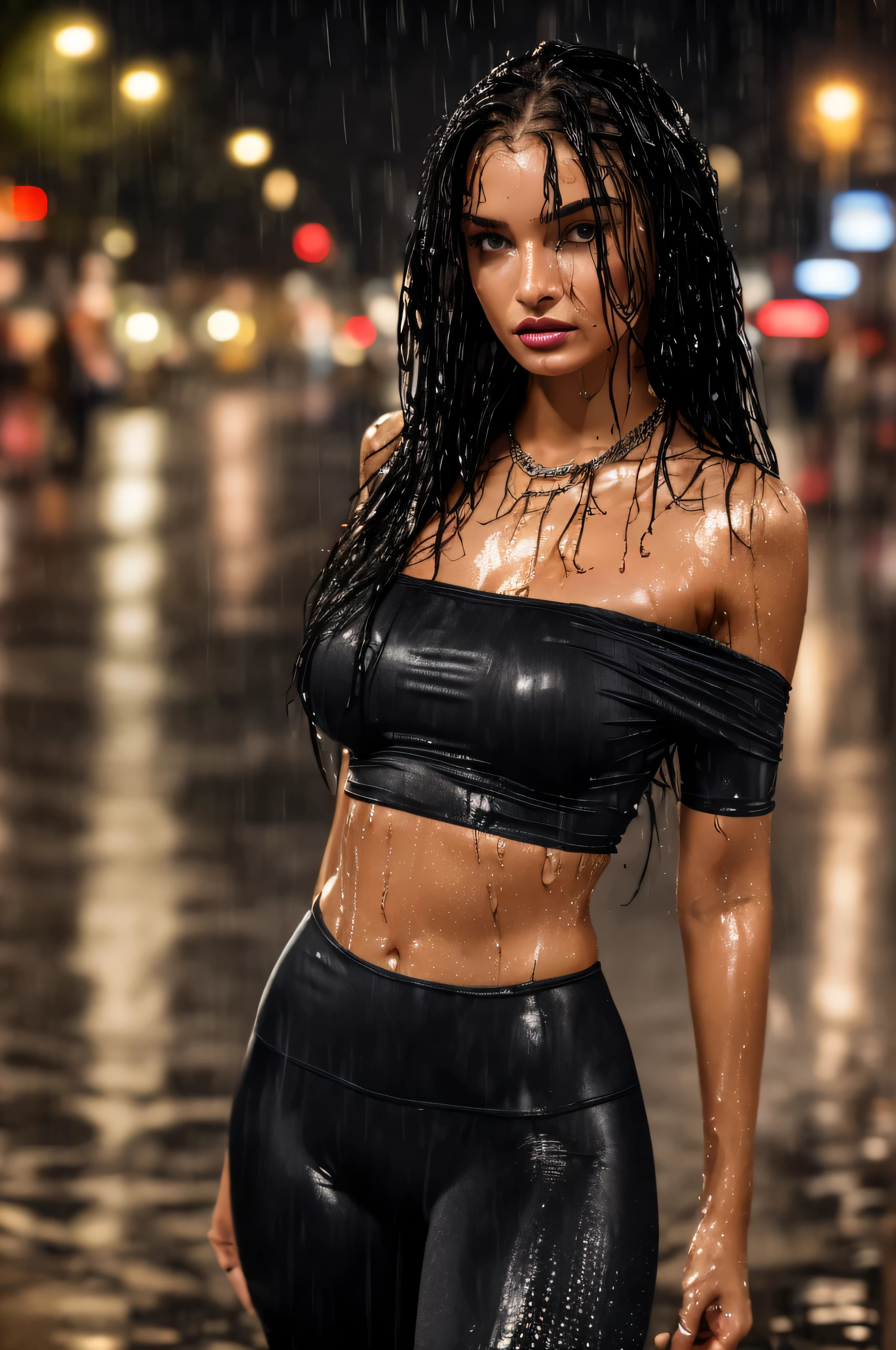 âA close-up shot of a tanned girl with very long legs, long black hair, skinny body, narrow waist, (abs:0.7), in public at a German City ((at night in the pouring rain)) with spandex leggings and crop top (smokey dark eyes and lipstick ) with a pensive expression, wearing a dark, off-the-shoulder dress and a single, statement piece of jewelry, The background should be out of focus and feature soft, warm tonesâ (soaking wet) (wet hair, wet body, wet clothes)