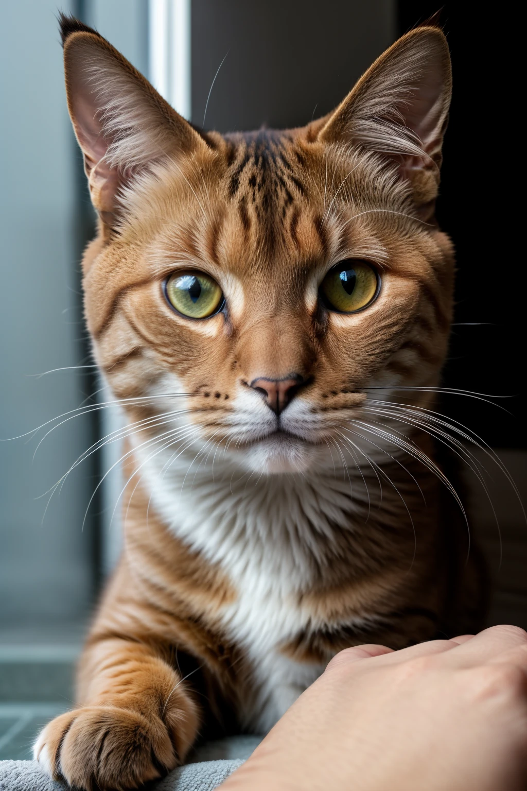 Foto RAW em sequencia, uma foto de um gato, ((close-up do rosto feliz e curioso)), determinado olhar, selfie, bath there, planos de fundo detalhados pouco desfocados, luzes naturais, HDR, foto realista, foto profissional, flerte com o espectador, visual engagante, fotorrealista, Linda, pelagem suave e macia, 4k UHD, alta qualidade, filmic grain, Fujifilm X100V.

A sequence of RAW photos, a picture of a cat, (