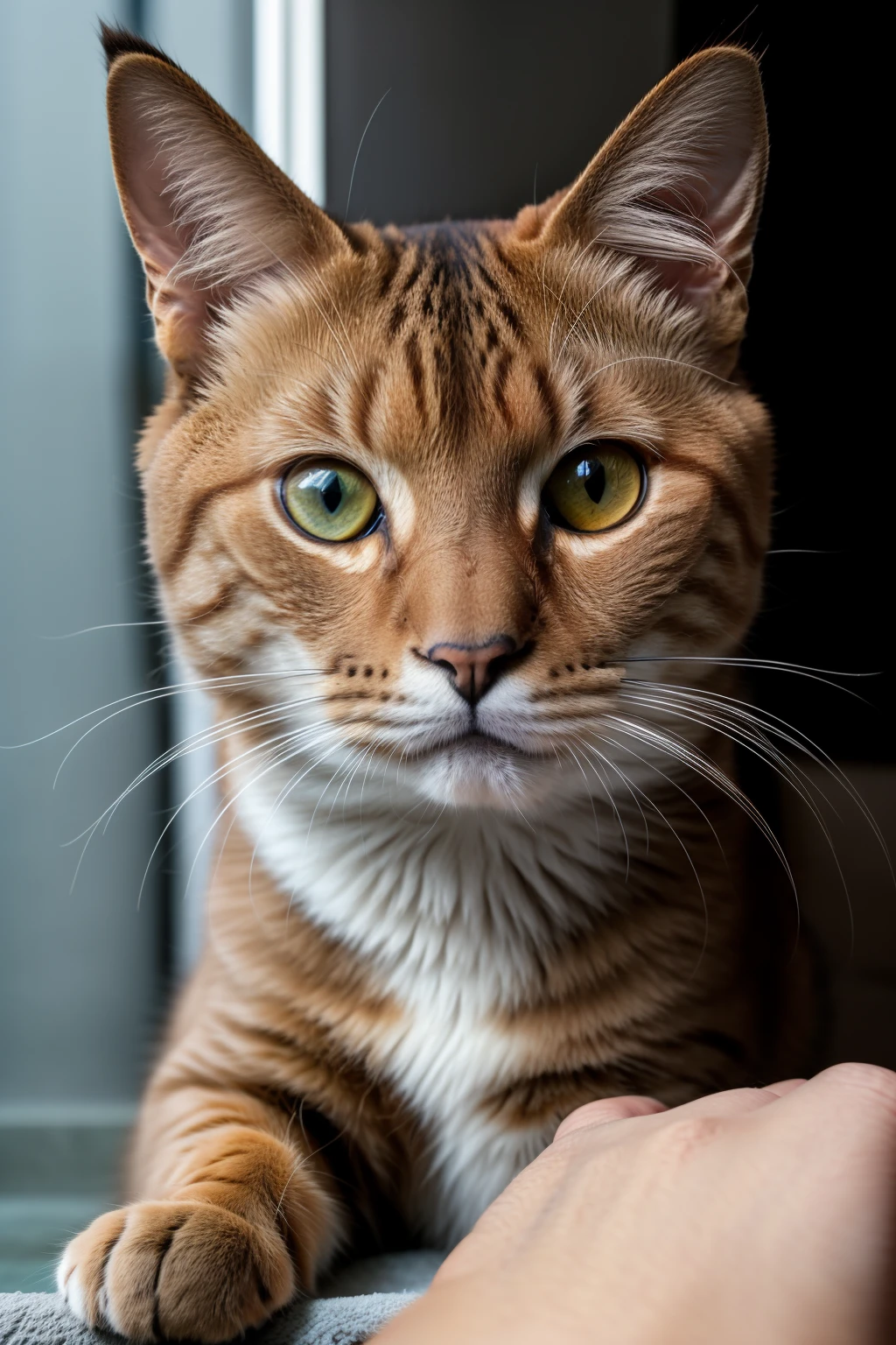 Foto RAW em sequencia, uma foto de um gato, ((close-up do rosto feliz e curioso)), determinado olhar, selfie, bath there, planos de fundo detalhados pouco desfocados, luzes naturais, HDR, foto realista, foto profissional, flerte com o espectador, visual engagante, fotorrealista, Linda, pelagem suave e macia, 4k UHD, alta qualidade, filmic grain, Fujifilm X100V.
A sequence of RAW photos, a picture of a cat, (