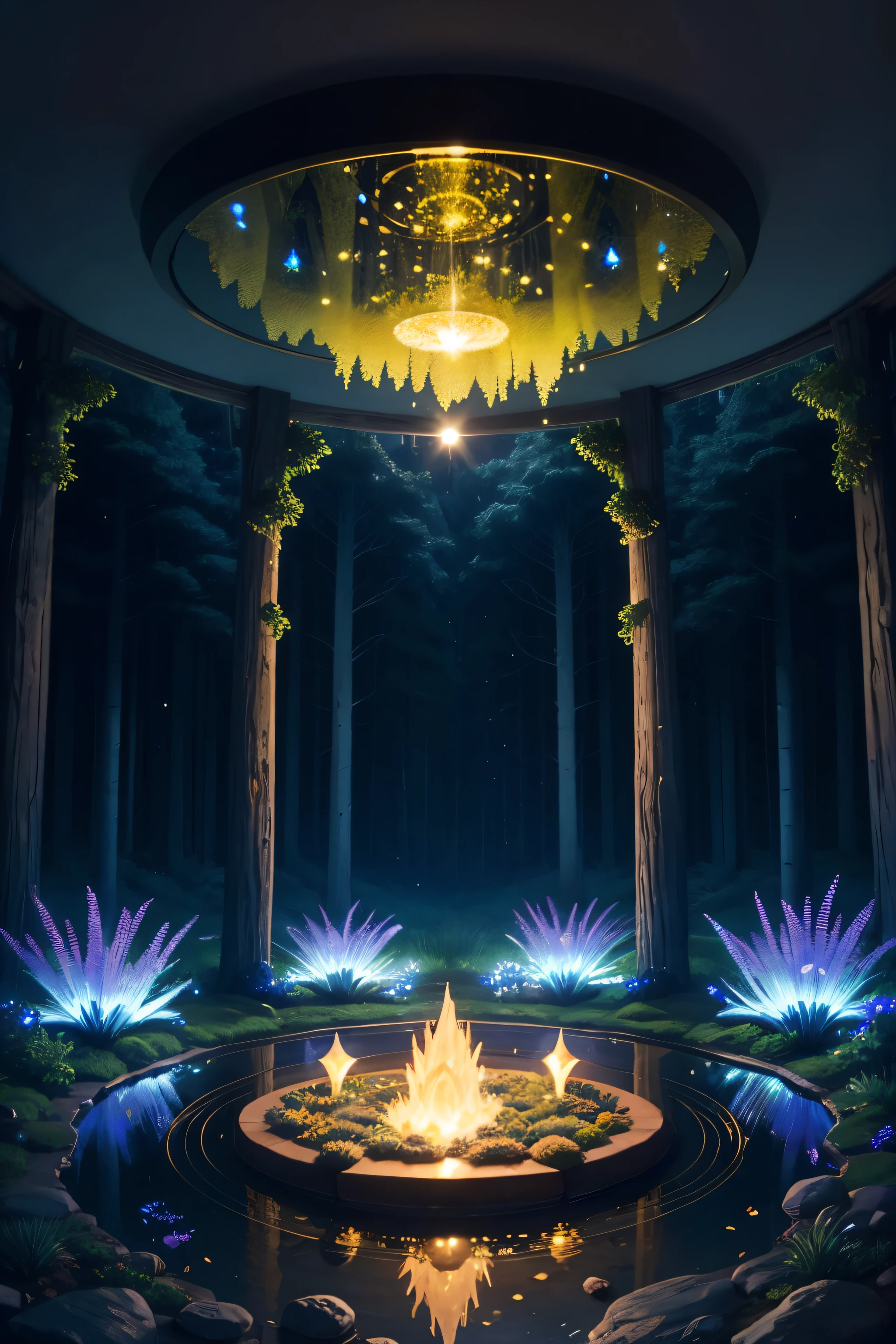 Au centre d'a deep forest, grand miroir en forme de nid d'abeille, surrounded by small trees with rare flowers and alien plants, golden fountain, mini miroirs, ambiance chaleureuse et confortable, quelques lucioles bioluminescentes, rocks reacting with LED black light, la libellule symbolise la gravure dans la roche
