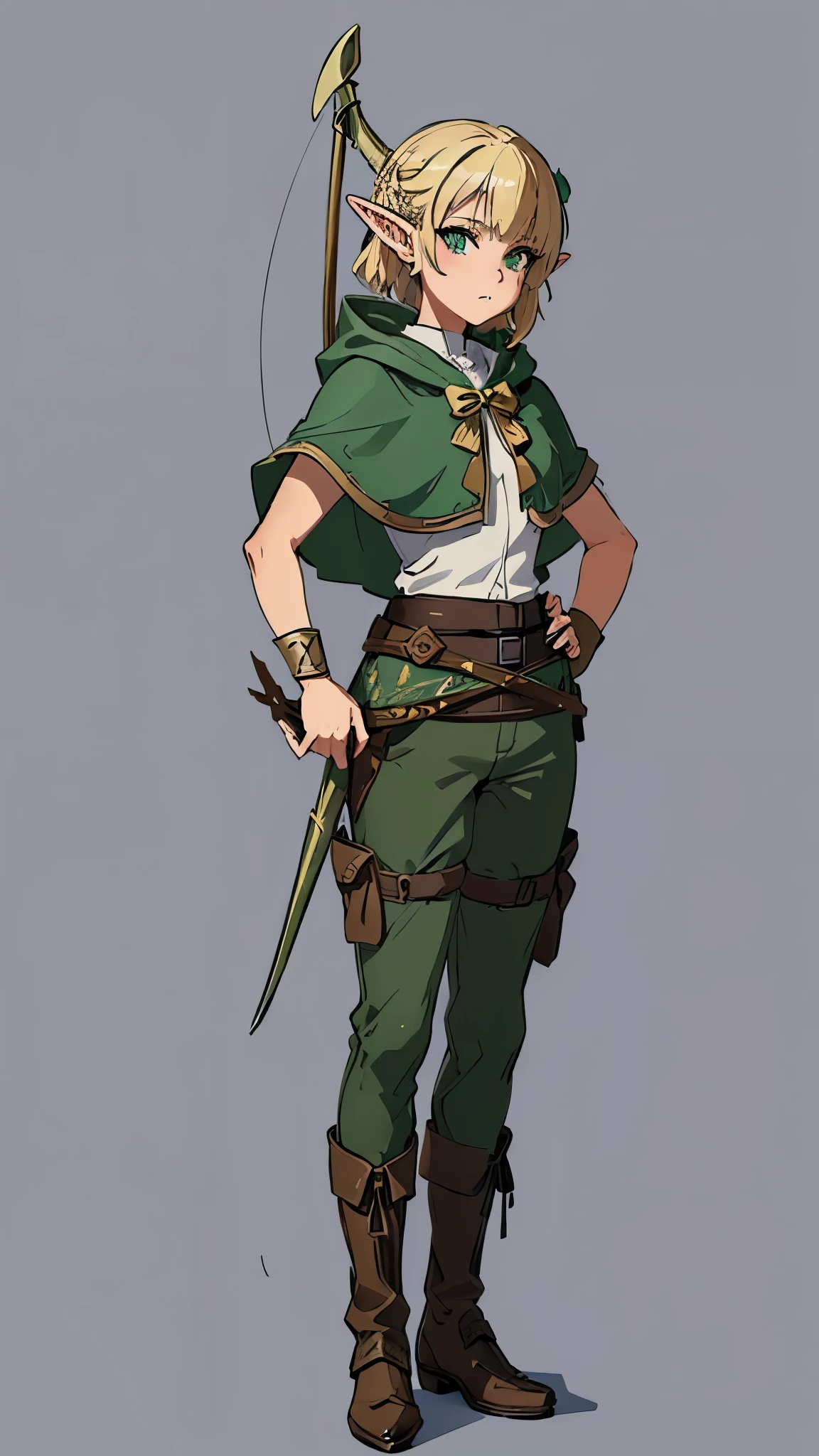 masterpiece, detailed, character, dungeons and dragons character, 1girl, elf girl, elf ranger, ((elf hunter)), (golden blonde) medium-short hair, (hair braid), cute face, detailed face, detailed eyes, green eyes, ((holding long (hunting bow:1) in hands:1.1)), (wearing fantasy (forest elf (hunter outfit)), brown pants, green jacket, cool croptop, outfit with cape and hood), ((simple background, grey color background))