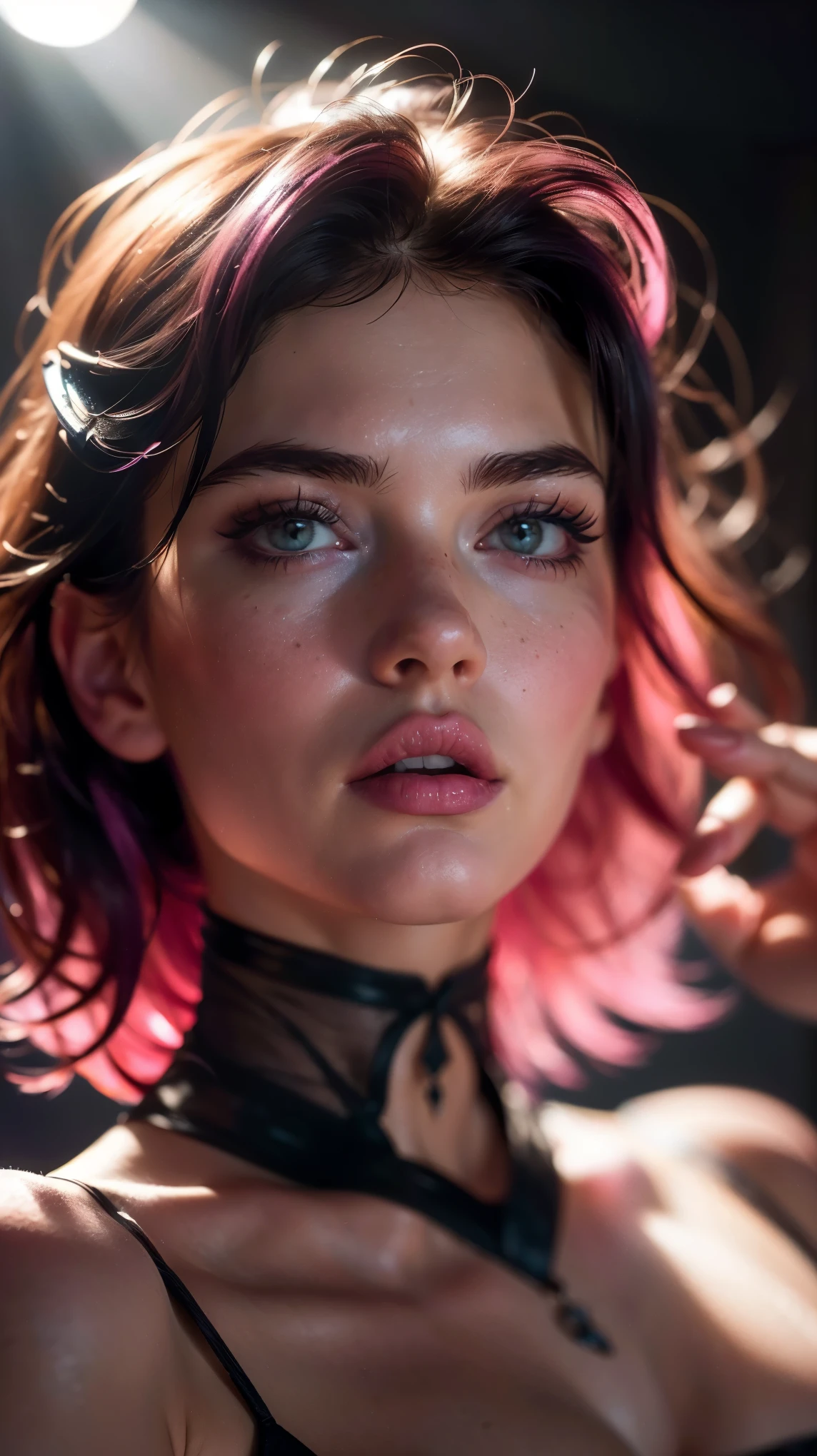 (((ultra realistic))) Photo, masterpiece, top quality, (Pale skin), (Ultra detailed face and eyes.:1.3), 1 girl, adult, on a t-shirt, (eye makeup, mask) , ((big detailed lips)), ((rosa wavy hair)), ((Chiolka)) , (natural breasts), Thin waist. ((Posing)), Photoshoot, studio (Soft lighting), (The game of lights and shadows), depth of field, bokeh, (Special attention to leather details.: 1.2), detailed leather texture, skin pores. (Warm frame environment.. Color range - black, purple, rosa, blue tones), DR, ((film grain)), ((good heavens)), ((sun glare)), ((portrait from the waist up, close to the camera)) , ultra detialed,