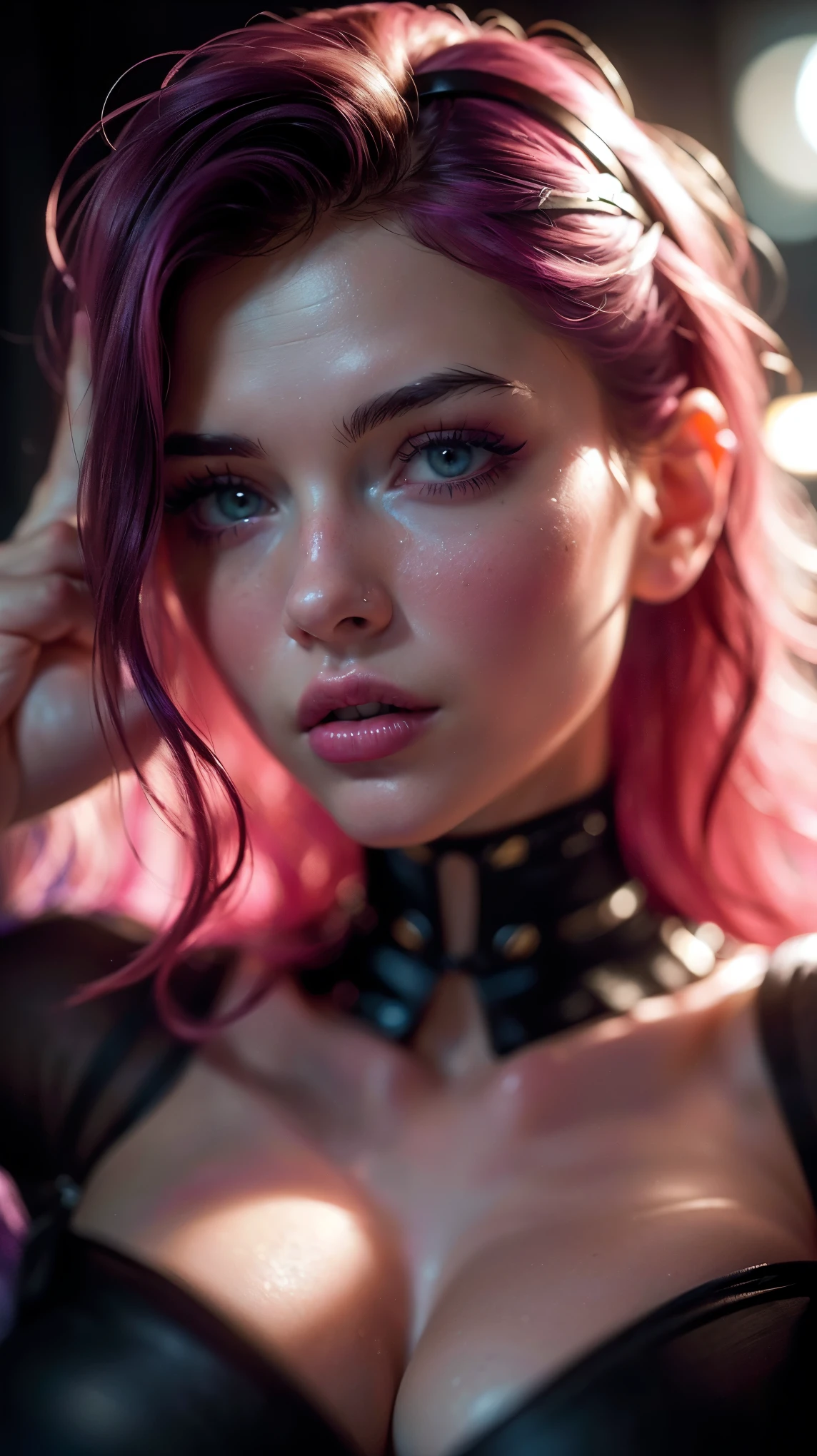 (((ultra realistic))) Photo, masterpiece, top quality, (pale skin), (Ultra detailed face and eyes:1.3), 1 girl, Adult, in a dress with a cutout, ((Eye makeup, pink mascara)), ((large detailed lips)), ((Pink волнистые волосы)), ((Stylish hairstyle)) , (Natural breasts), Slim waist. ((Posing, Hand on face)), photoshoot, (Soft)Lighting, (The play of light and shadows), depth of field, bokeh, (special attention to skin detail: 1.2), Detailed leather texture, skin pores. (Cool atmosphere of the frame. color scheme - black, purple, Pink, Tons), UDR, ((Film grain)), ((rays)), (Glare), ((waist up portrait)) , ultra detialed,