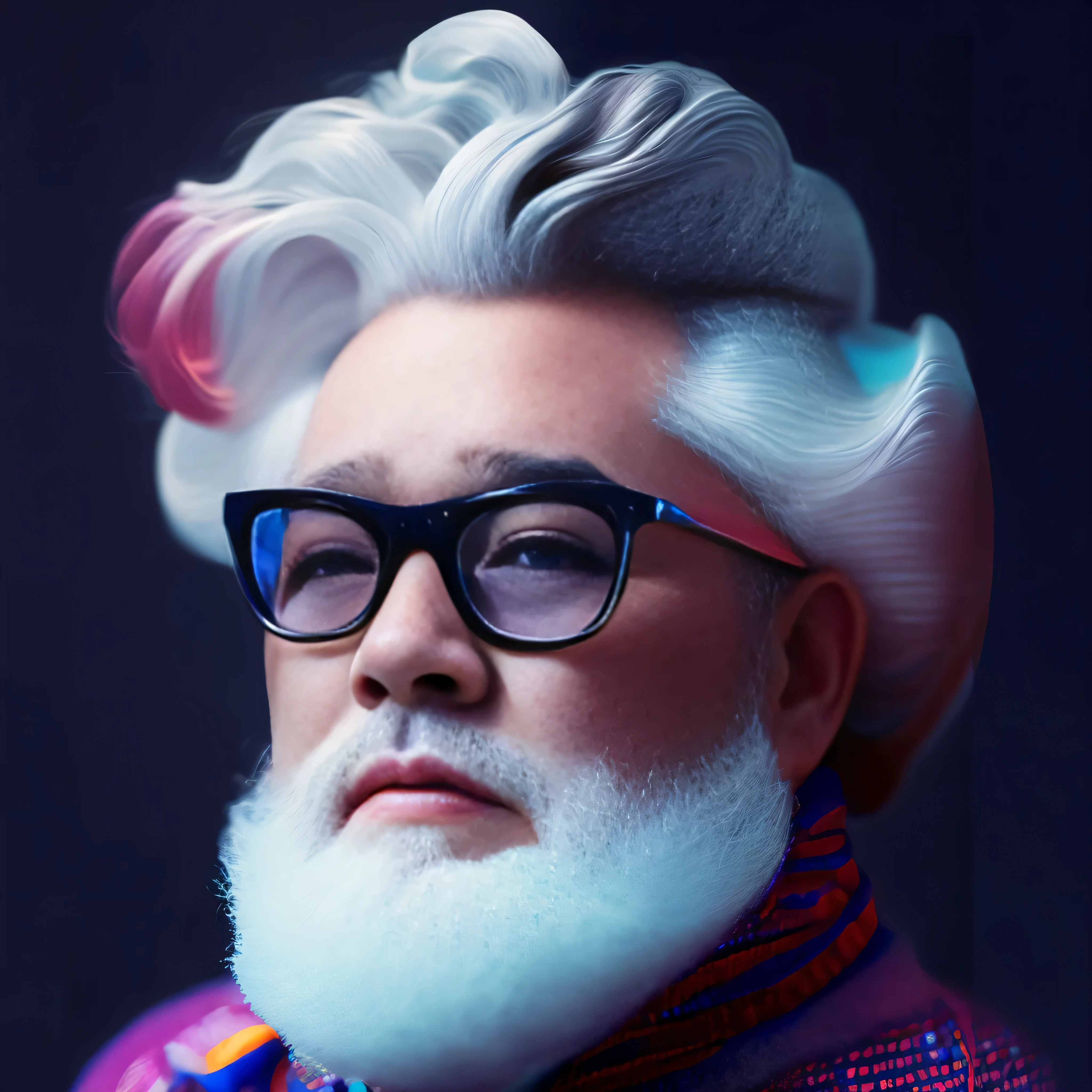(Fashionista portrait of fat old American man, 1950s sophisticated colorful modern bright glasses), Colorful fluffy hair, Serious expression (Extremely detailed digital photography: 1.2), Standing in the center of the city, ((((Full body female love)))), The original image,, Hasselblatt, 50 shallow, F8, 12mm, glow effect, divinelight, Hand Painted, rendering, 8k, 由 Octane rendering, 4D cinema, blender, dark, Atmospheric 4k super detailed, Sexy, sharp focus, Humorous illustration, Large depth of field, masterpiece, color, 3d 辛烷值rendering, 4K, concept art, Art Station Trend, surreal, bright colors, rim light, Extremely detailed CG 8k wallpaper unit, Art Station Trend, CG social trends, Eric Madigan Heck (Eric Madigan Heck) pop art style, complicated, high detail, dramatic, Pure energy, light particles, Science fiction