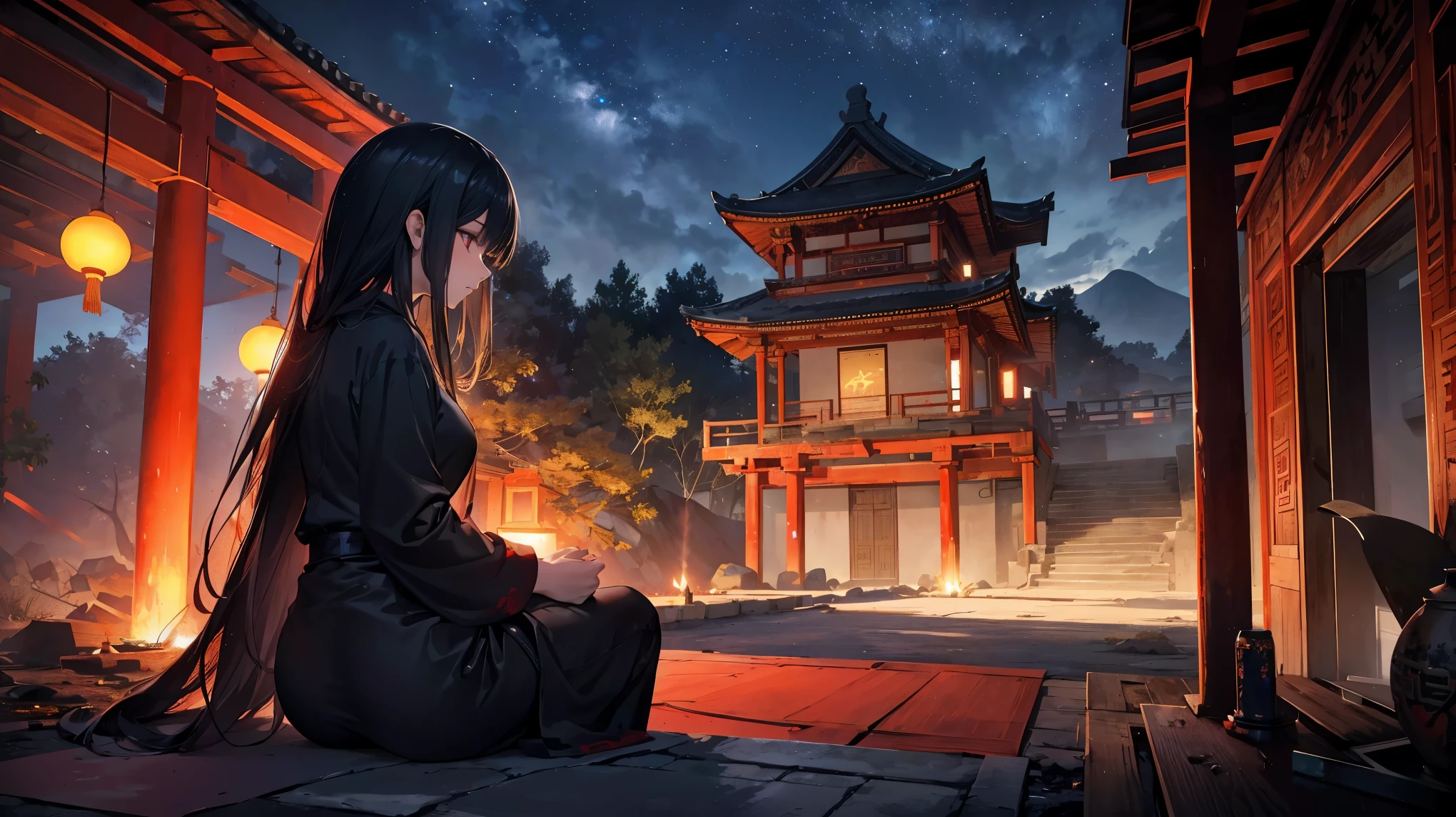 The prompt for Stable Diffusion:
"(best quality,4k,8k,highres,masterpiece:1.2),ultra-detailed,(realistic,photorealistic,photo-realistic:1.37),night,beautiful young woman with long black hair, piercing red eyes, blood-soaked long hair, wearing a red wedding gown, sitting alone in a desolate Taoist temple barefoot, dilapidated Taoist temple, illuminated lights in the distance, pitch-black sky, countless stars shining brightly"