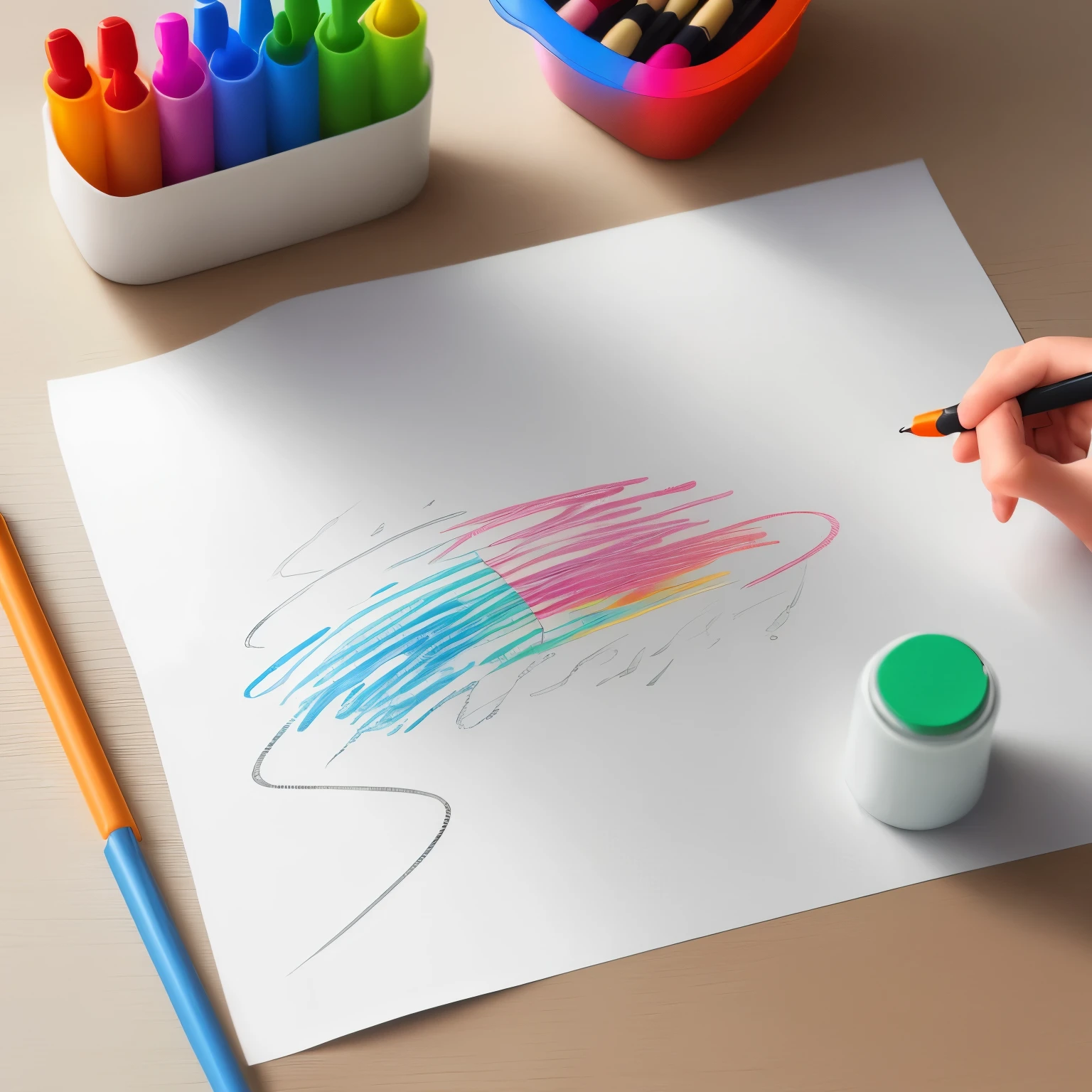 a hand is coloring a white piece of paper on the table. There are markers and crayons around.