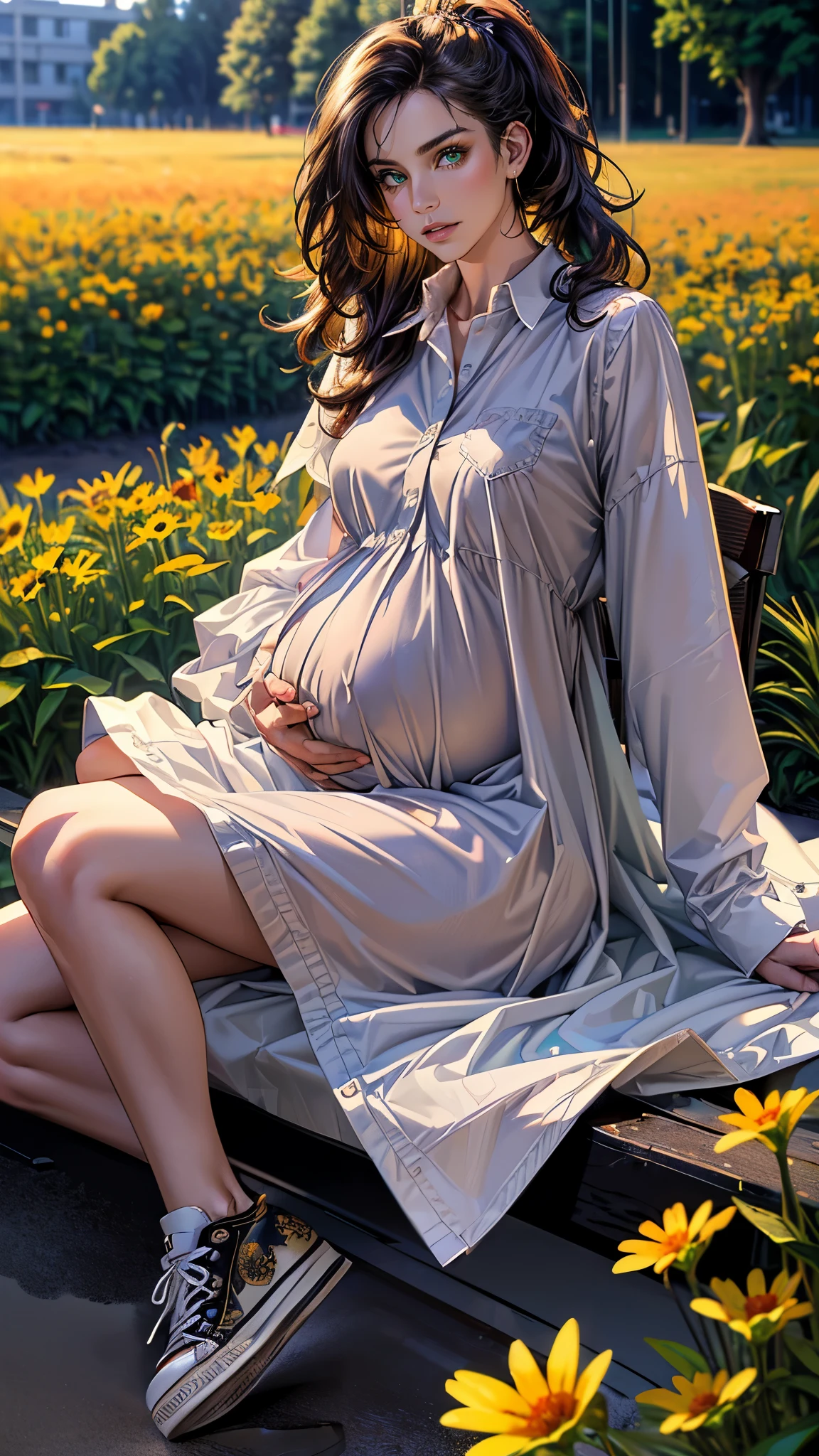 ((masterpiece, best quality, highres, ultra-detailed),(beautiful and aesthetic:1.2), 1woman, adult, perfect body, wavy dark hair, green eyes, high short ponytail, handsome, detailed eyes and face, oversized long shirt, converse sneakers, golden hour, field of flowers, intricate details, pregnancy 