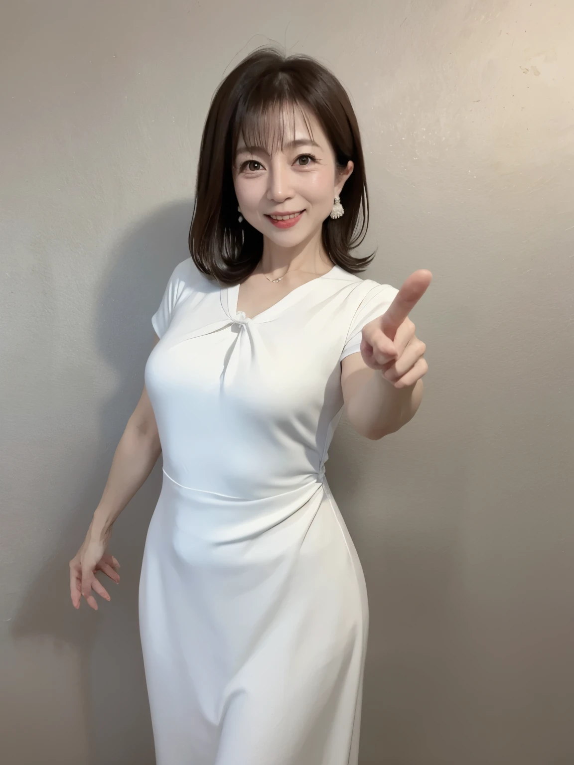 50 year old woman,Japanese,party,dress,whole body,background is white,Pointing
