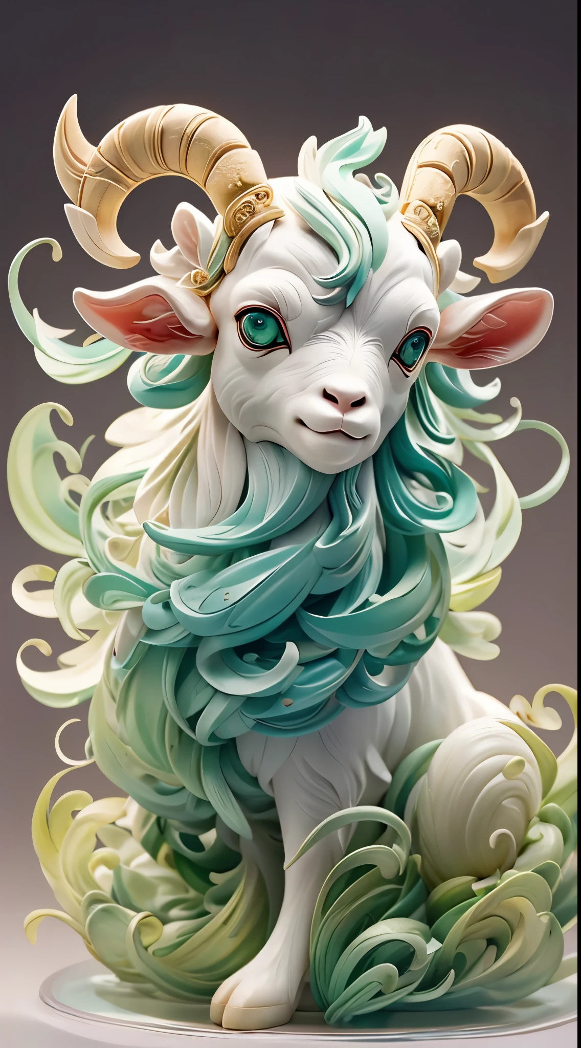 The shape of a goat,The background is clean,Dreamy colors,Transparent statue,florals,Big eyes,green color,Serious expressions,((goat horn)),Clear eyes,tmasterpiece,(best qualtiy:1.3),A goat,full body