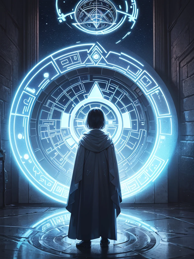 ((dome covered in ice)), huge circular dome, ((A translucent neon door at the very back)), ((A door with shining runes that brings together the technology of ancient civilizations.)), highly detailed digital art, Stunning artwork in 8k, 8K high definition concept art, fantasy art, (wide-angle shot), (highest quality), (masterpiece)), realistic, Fantastic, Mysterious, Silhouette of a small person standing in front of the door