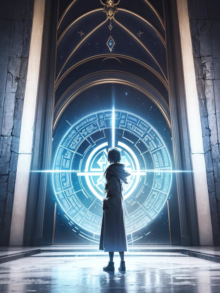 ((dome covered in ice)), huge circular dome, ((A translucent neon door at the very back)), ((A door with shining runes that brings together the technology of ancient civilizations.)), highly detailed digital art, Stunning artwork in 8k, 8K high definition concept art, fantasy art, (wide-angle shot), (highest quality), (masterpiece)), realistic, Fantastic, Mysterious, Silhouette of a small person standing in front of the door