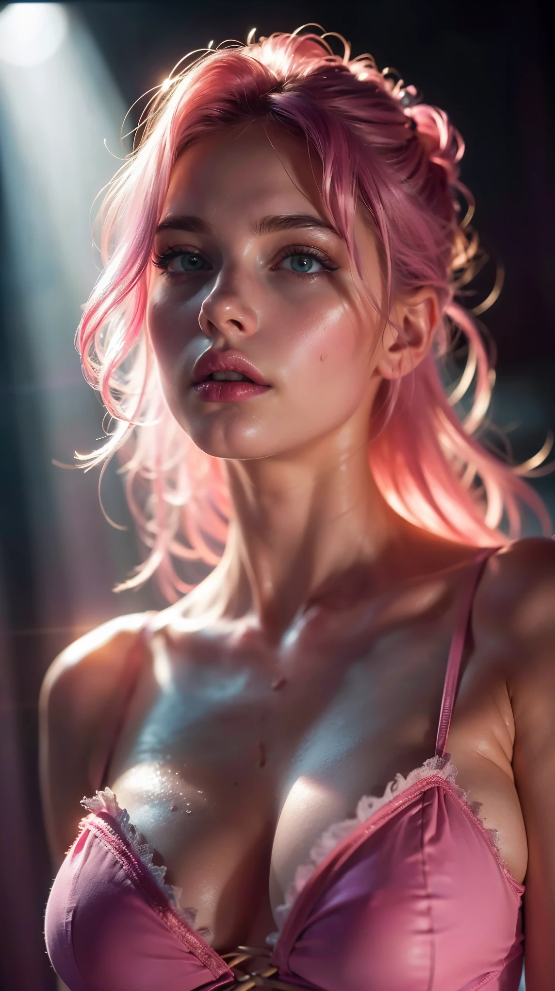 (((ultra realistic))) Photo, masterpiece, top quality, (pale skin), (Ultra detailed face and eyes:1.3), 1 girl, Adult, in a dress, ((Eye makeup, pink mascara)), ((very large detailed lips)), ((Pink волнистые волосы)), ((Stylish hairstyle)) , (Natural breasts), (Slim waist). ((Posing, hands on breast)), photoshoot, (Soft)Lighting, (The play of light and shadows), depth of field, bokeh, (special attention to skin detail: 1.2), Detailed leather texture, skin pores. (Cool atmosphere of the frame. color scheme - black, purple, Pink, Tons), UDR, ((Film grain)), ((rays)), (Glare), ((waist up portrait)) , ultra detialed, 