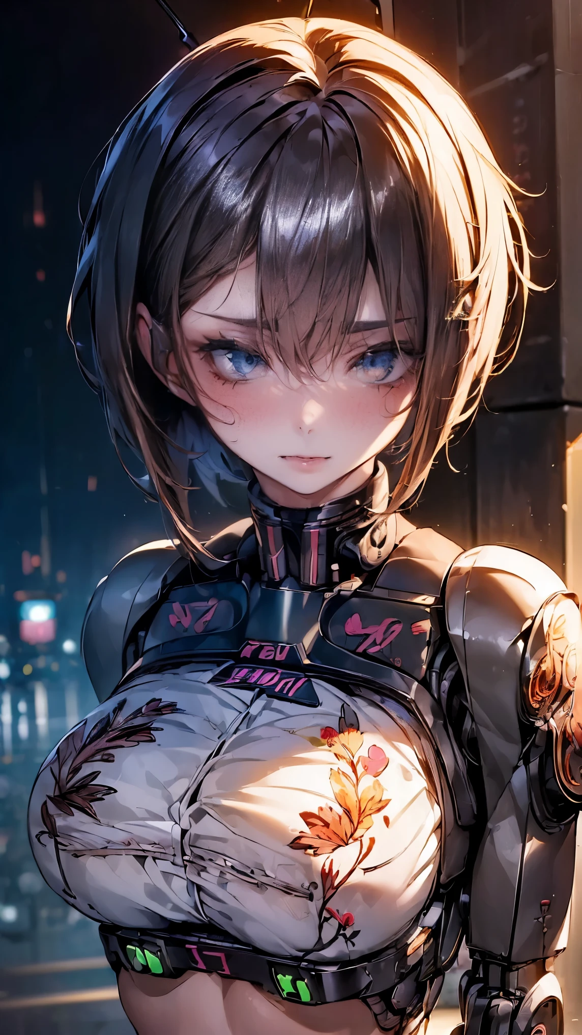 ((1 girl:1.5),(embroidered cybernetic body:1.5),Large full-breasted mechanical chest armor:1.5)),(best image quality, excellent details, ultra high resolution, (realism: 1.4), best illustrations, Favor details, One girl highly condensed,(in front:1.5),(dynamic:1.5),(bold:1.5)),(thin hair:1.8), (short hair:1.7), (very light coppery amber hair),((hair above one eye:1.2)),ride a motorcycle,the background is a high-tech lighting scene of the futuristic city