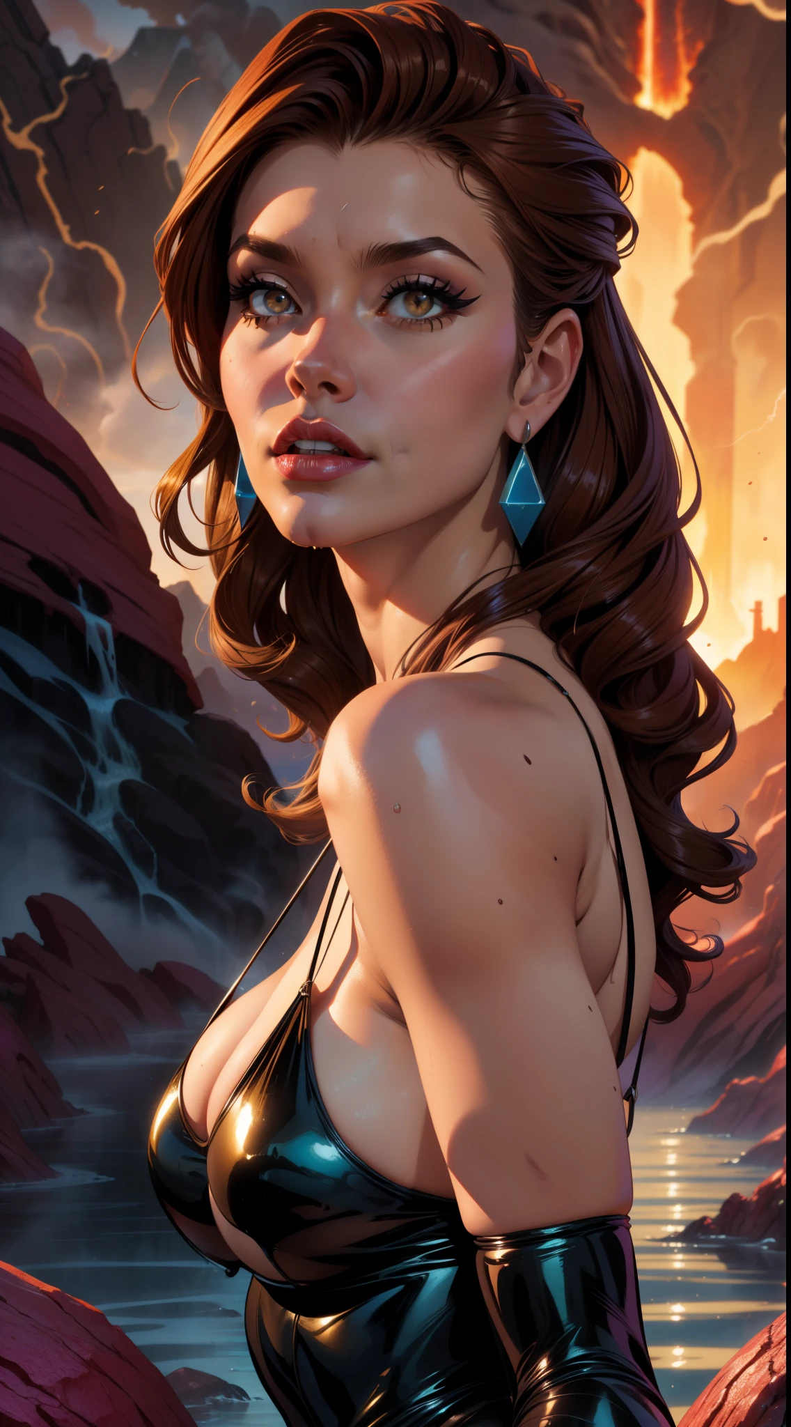 ((masterpiece), best quality, high quality, professional quality, highly detailed, highres, perfect lighting, natural lighting), style of joe maduereira,comics style,dskyart1, Being compressed or expanded, one-piece swimsuit, Heiress, Short, Thin, Triangular Face, Fair Skin, Dark Brown Hair, Amber Eyes, Narrow Nose, Full Lips, Prominent Chin, Shoulder-Length Hair, Wavy Hair, Formal Updo, asymmetrical breasts, Dangle earrings, lavender stain lipstick, Dripping liquid cascades, Misty river valley,visionary, cutting-edge laboratory, A volcanic planet with constant eruptions and rivers of lava, providing abundant geothermal energy for its inhabitants., Post-Apocalyptic Wasteland, vampire