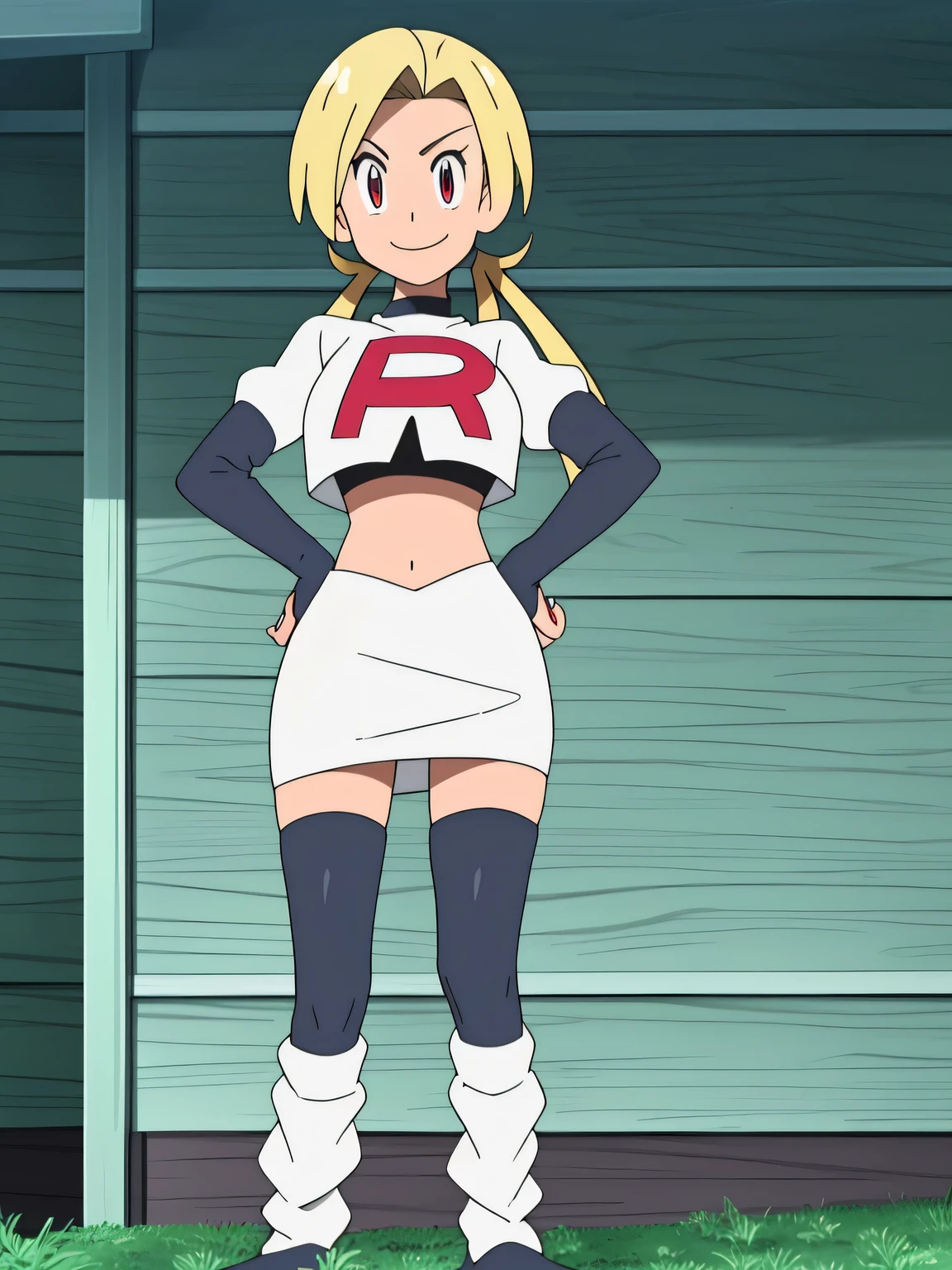 1girl in, (Solo:1.2), (Perfect body:1.1), (Best Quality:1.1), Cute Girl, Tsundere:1.1, (student clothes:1.4), (tiered layers skirt:1.2), very large breast, a blond, Long twintails, Black Ribbon Hair Fastening, Tsuriformes, sharp eye, Sanpaku eyes, (Seductive smile:1.5), Noble atmosphere, Fine-grained skin, (Choker with a heart gem:1.1), View of the valley, Navel Ejection, Raw feet, a belt on the thighhigh, Bright red eyes, Shining eyes, (NSFW:0.8), 8K, a belt on the thighhigh, Skinny Legs, School grounds with grass, full body seen, (Looking down here:1.2), (Loose socks:1.3), I don't have anything in my hands, No one around,,masterpiece, best quality, highres,team rocket uniform, red letter r, white skirt, white crop top, black thigh-high boots, black elbow gloves, glaring angrily, looking at viewer, hands on hips, full body seen, zettai ryouiki
