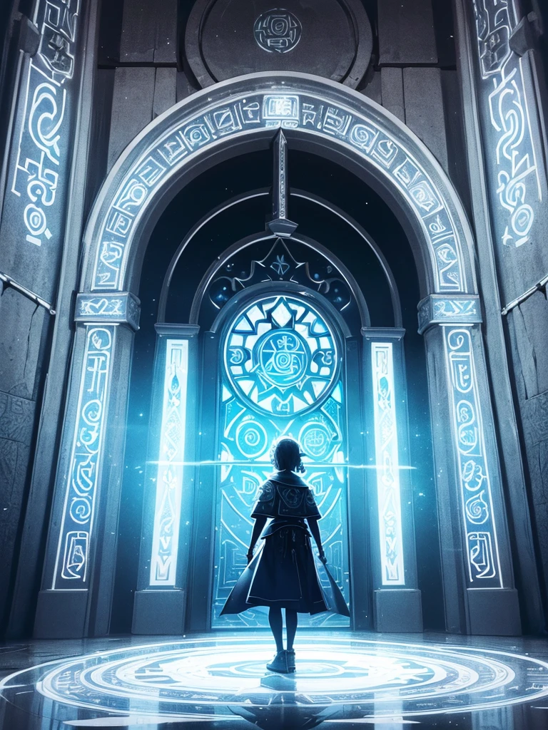 ((temple made of ice)), huge circular dome, ((A translucent neon door at the very back)), ((A door with shining runes that brings together the technology of ancient civilizations.)), highly detailed digital art, Stunning artwork in 8k, 8K high definition concept art, fantasy art, ((wide-angle shot)), (highest quality), (masterpiece)), realistic, Fantastic, Mysterious, Silhouette of a small person standing in front of the door
