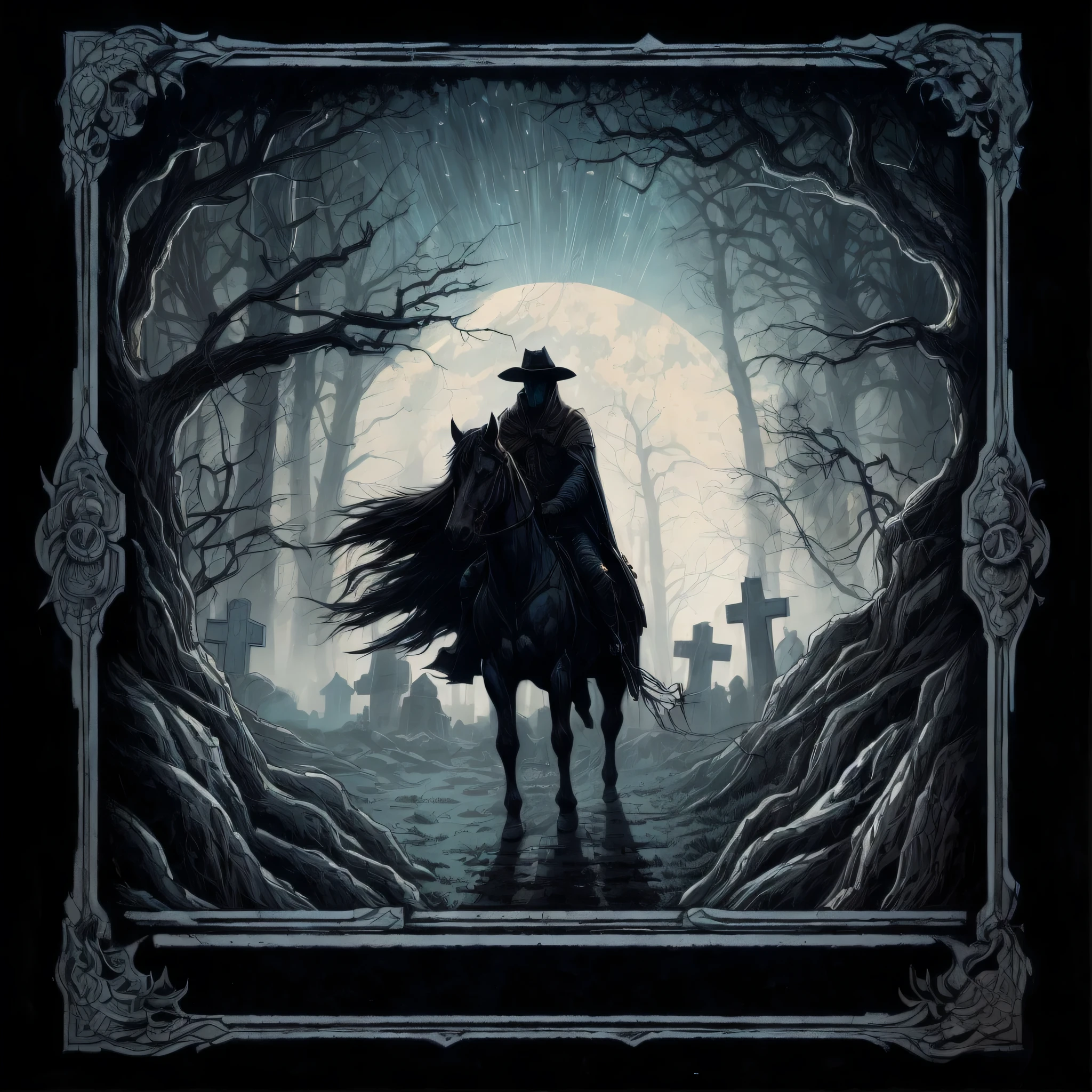 blurred image of a man riding a horse in a cemetery, Bosch e Dan Mumford, arte da capa detalhada, arte oficial do cartaz, Arte Sangrenta, e Mumford Tom Bagshaw, Nenhuma arte estilo Dan Mumford, No Dan Mumford Art Style, Beksinski e Dan Mumford, arte escura altamente detalhada, Anton Fadeev como Dan Mumford