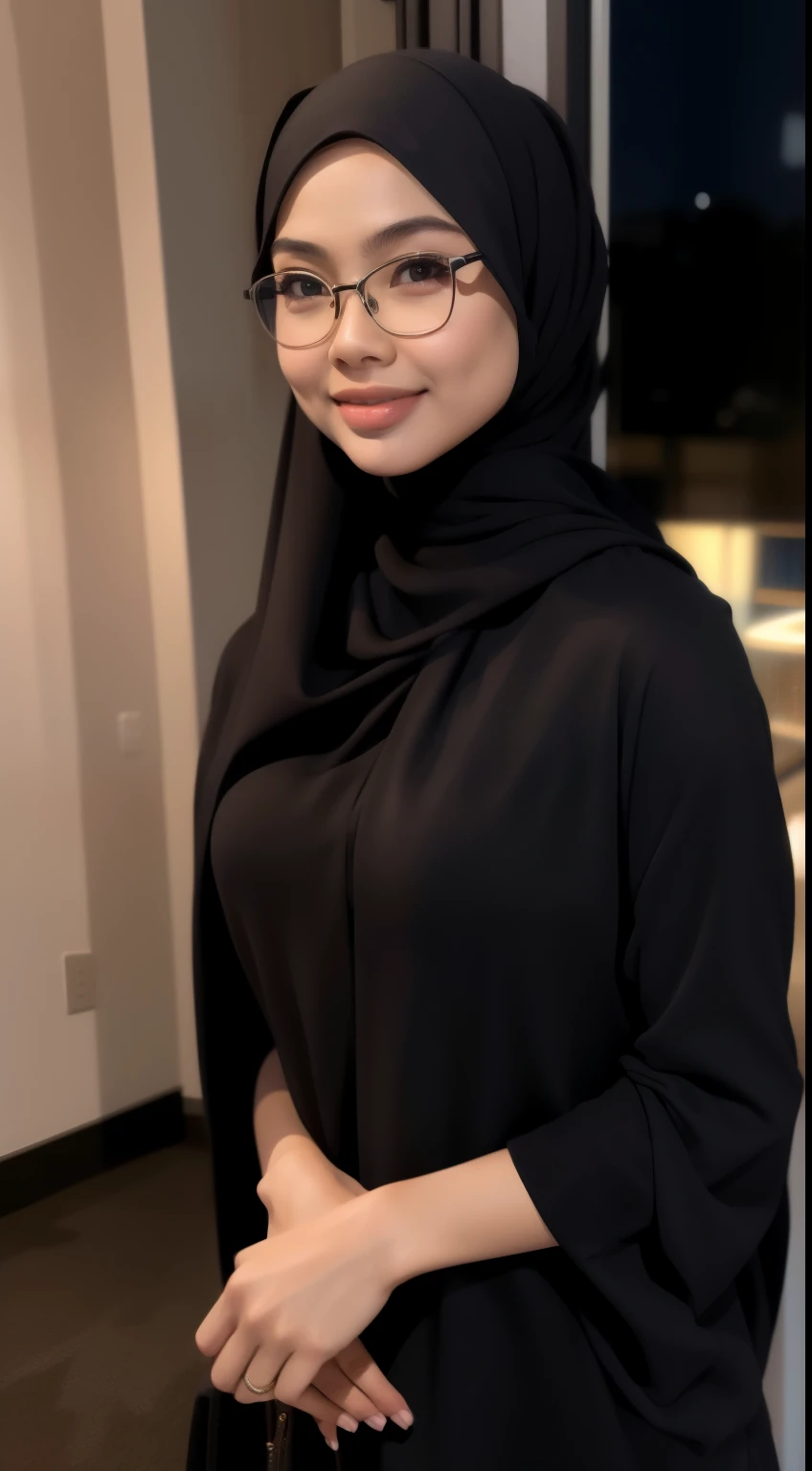 Malay girl in hijab wear tight floral dark baju kurung malaysia in college, wear back pack, front view, detail skin, detail skin texture, mole below eyes, small breast, big hip, big waist, big thigh, slim abs, beautiful body, nighttime, laughing, happy, bright lighting, college student in background, crowded college, blur background, bokeh, spectacles