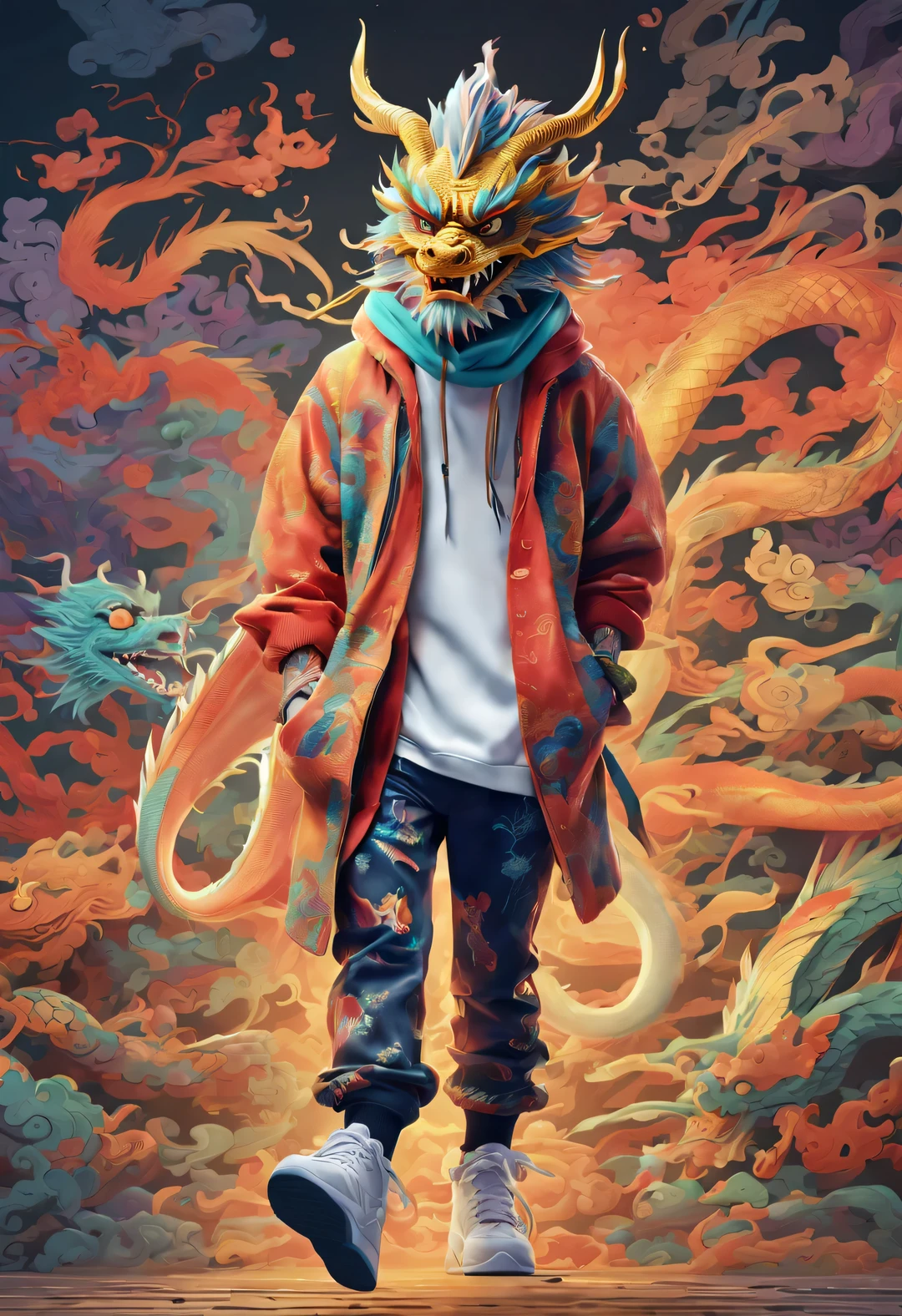 Pixar style, 3d rendering, hairy (A humanized Chinese dragon walking happily in fashionable clothing, Pants, and shoes), dynamic action, Graffiti pattern background, hip hop style, sunglasses, colorful, masterpiece, Ultra high detail, Overclocked rendering, range mark drawing, Ballpoint pen outline, 8k, Super fun,