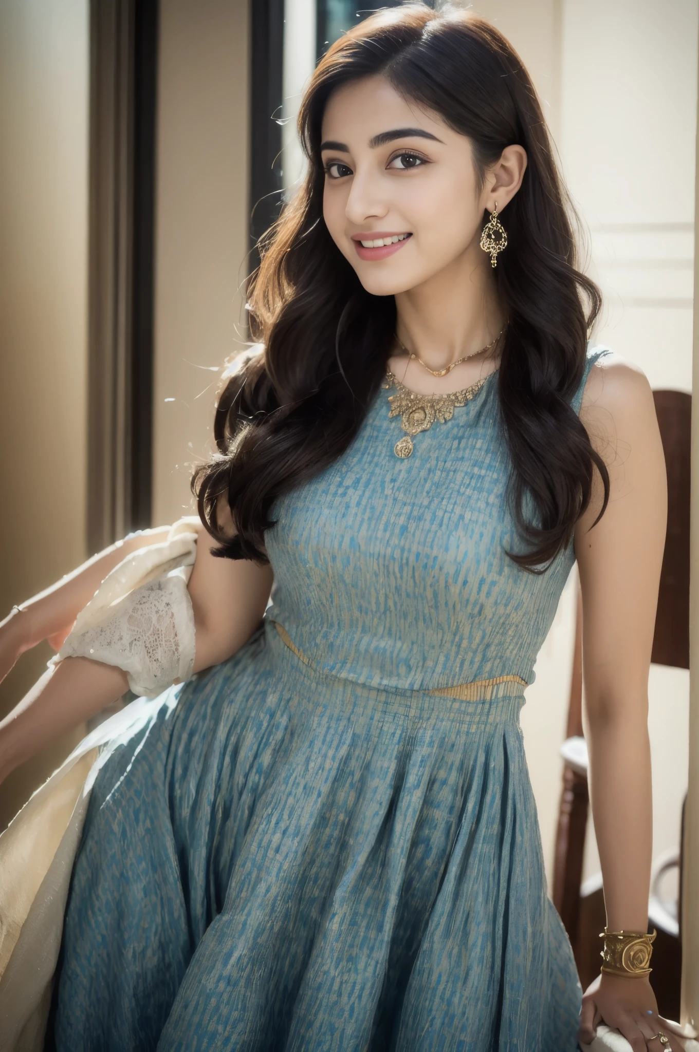 ulzzang -6500-v1.1, (Raw photo:1.2), (Photorealsitic), (Best Quality, masutepiece), Popular actresses、1girl in, Pose, game_nffsw, Dresses、Dumpling hairstyle、dumpling hairstyle、Classy makeup、elegant long dress, Ultra-realistic skin texture、shinny skin、An inviting pose while turning around、Inviting look、(sexual excitement:1.3), turned around