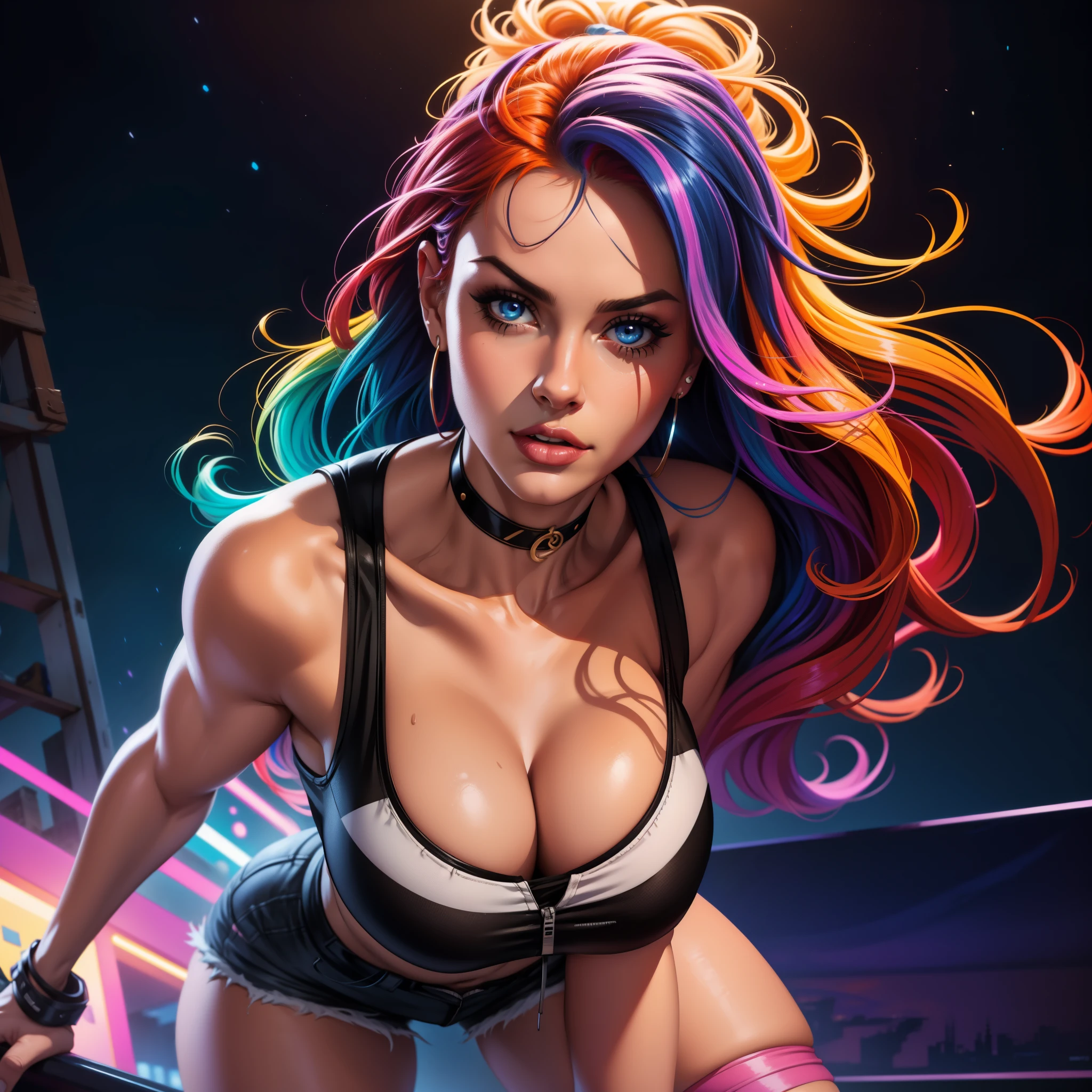 4k,CG Digital rendering,wallpaper,illustration,absurdres,Ultra HD,incredibly absurdres,masterpiece,amazing,finely detail,original,beautiful-detailed eyes,tyndall effect,dynamic angle,cyberpunk city,night,

(1girl:1.5),(solo),((streetwear)),toon,medium breasts,nsfw,shorts,((Sexual suggestion)),(standing),leaning forward,earrings,cat_ears,ribbon choker,(cleavage),((colorful streaked hair)),((( gradient hair))),

neon light,, ((painting, canvas, fine art)), detailedHDR, portrait, 50mm, F/2.8, 1m away，