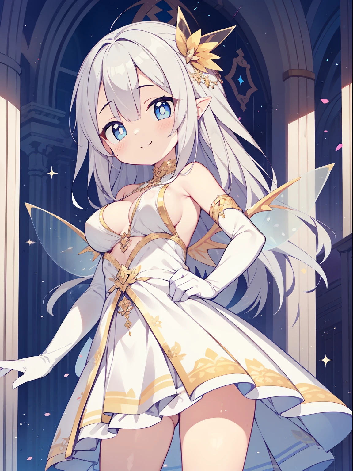 (girl:1.2), (1 person:1.2),(10歳のgirl)、若いgirl、big breasts、 nffsw、shader、highly detailed eyes、long straight hair、side boob、Lustrous cleavage、silver hair、Fairy Wings、silky hair、Off-the-shoulder gowns(White thin fabric、unadorned costume、Silvery decoration、mini skirt、plain silk gloves)、ultra-intricate pupil in eyes、highest quality、bright colors、Bust 100、rests、Standing picture of the game、Stirring composition、Composition looking up from below、Lift your with your hands、Pose that emphasizes the chest、fold your arms、grinning expression、eyes half closed、open your mouth、Stinking eyes、evil face、Bullish smile、fold your hands behind your back、Hide your hands、evil smile、whole body、美New、god々New