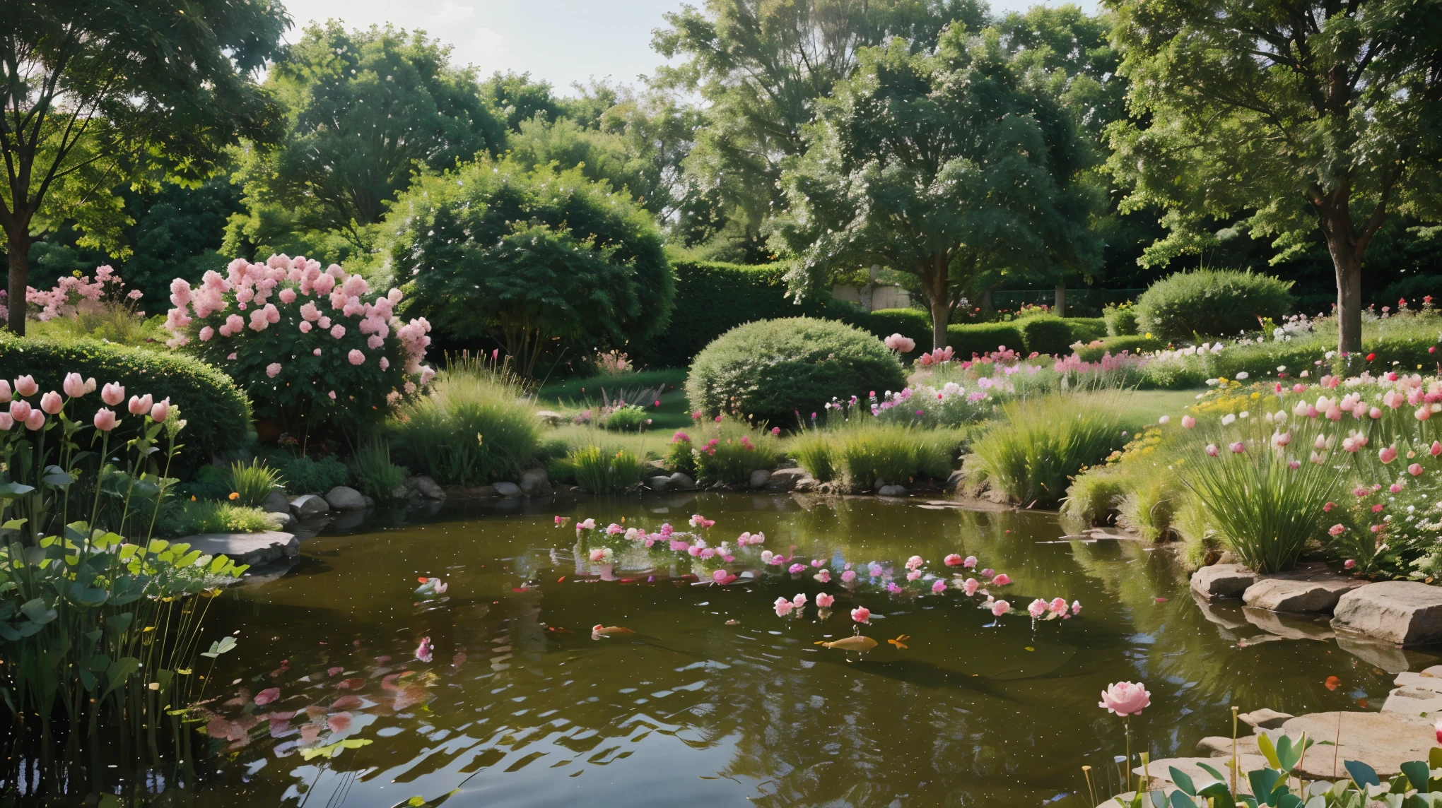 Draw a feng shui picture of 9 carp in a pond and peonies.