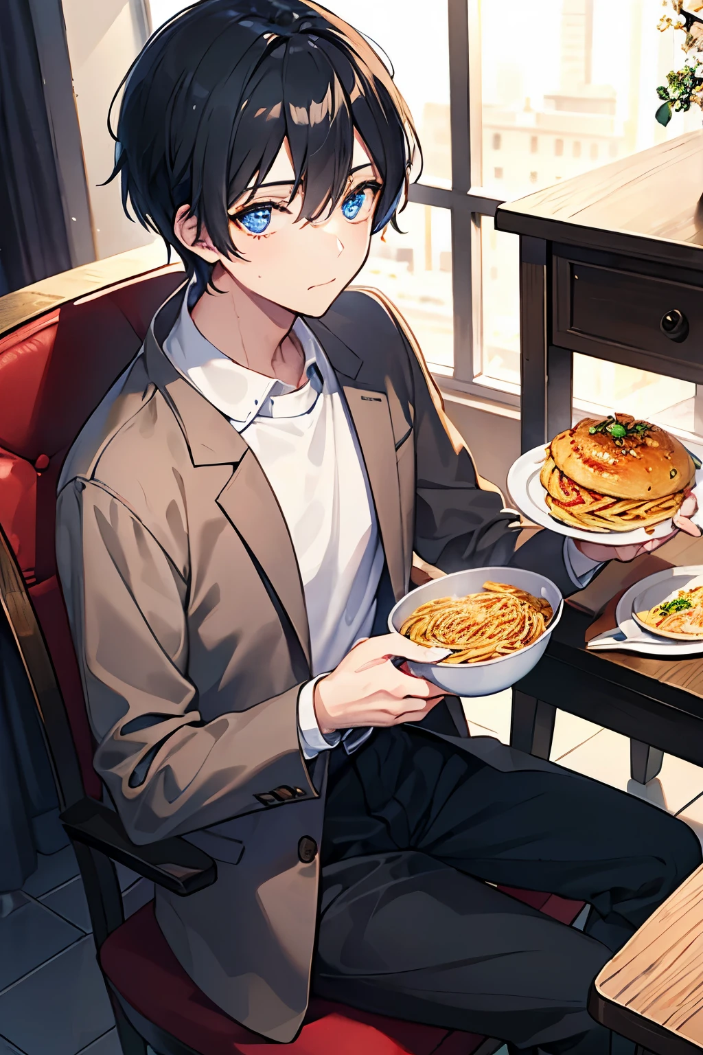 male black hair blue eyes short hair one person sweater slacks Brown coat ancient folk house table sit in a chair eating pasta masterpiece Highest image quality noise removal clear parts cinematic shadow Increased attractiveness of the eyes clear parts the shine of the eyes Draw eyelashes neatly perfect eyes detailed eyes Sharpen image quality Sharpen eye writing clear parts eye shape