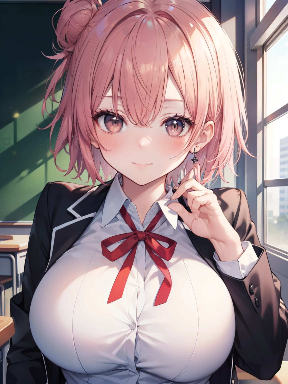 Yuigahama Yui, short hair, (brown eyes), Pink hair),  single bun hair, 
1girl,  shirt, ribbon, school uniform, Jacket, white shirt, black Jacket, blazer, sobu high school uniform, 

looking at viewer, 
(masterpiece:1.2), highest quality, High resolution, unity 8k wallpaper,  (beautiful and fine eyes), highly detailed face, perfect lighting, Very detailed CG, (perfect hands, perfect anatomy),

(blush:1.2), smile, 
(huge breasts:1.2), 
classroom, 
upper body, 
eating frankfurt, 