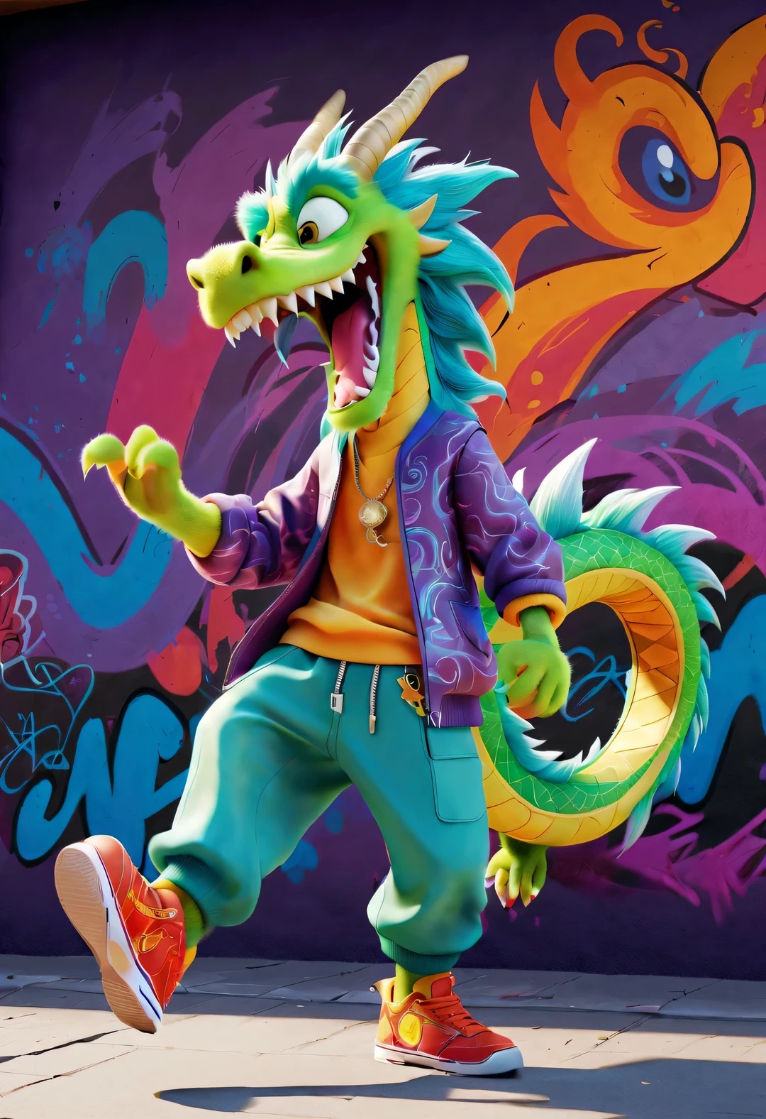 Pixar style, 3d rendering, hairy, (A humanized Chinese dragon walking happily in fashionable clothing, Pants, and shoes), dynamic action, Graffiti pattern background, hip hop style, colorful, masterpiece, Ultra high detail, OC shading, range mark drawing, Ballpoint pen outline, 8k, Super fun, interesting,