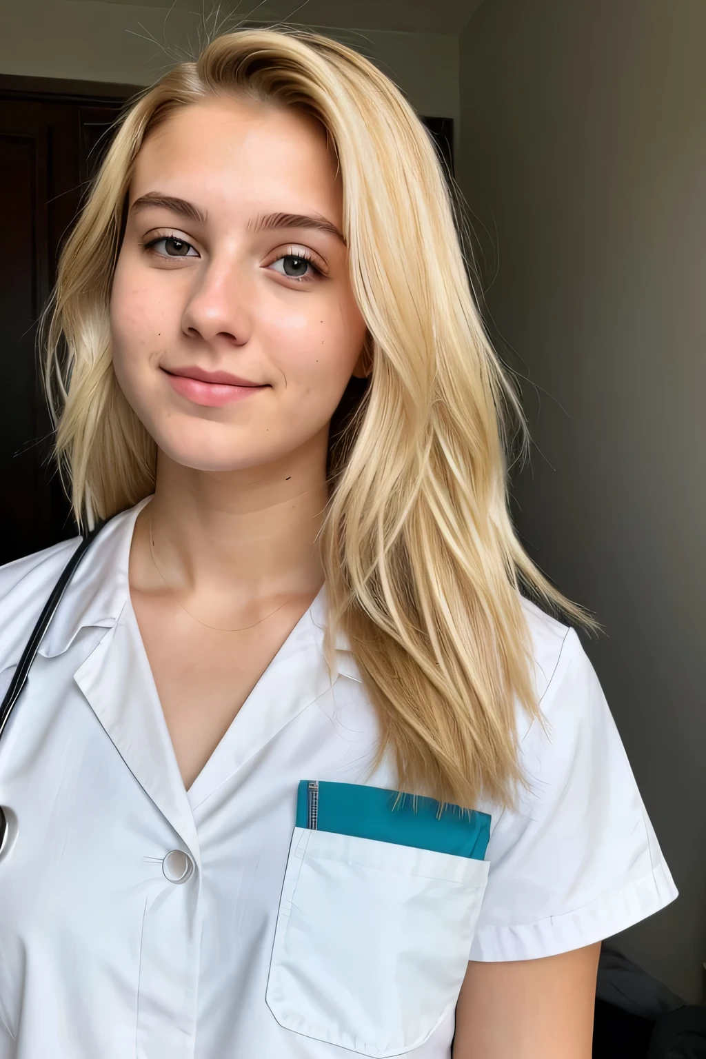 A 22 year old girl. She has blonde hair. She is in medical school. She is not facing the camera. She is wearing a nurse outfit