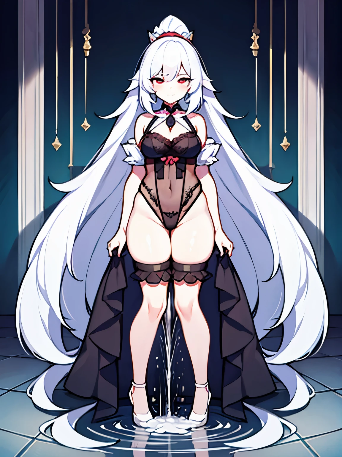 super fine illustrations,1 boy,A 150 cm tall,silver hair,red eyes,fair skin,Heart to eye,Ponytail hairstyle,Wear black lace transparent lingerie,Sexy,gay,pleasant sensation,vehement,(Femininity),Only wear triangles,There is a milky white liquid on the body,Huge,There are pronounced male genitalia,Slobber,Soaked all over,Precise legs,(Urination:1.4),(pee stain, pee stream, wetting, pee puddle),animation,full body portrait,