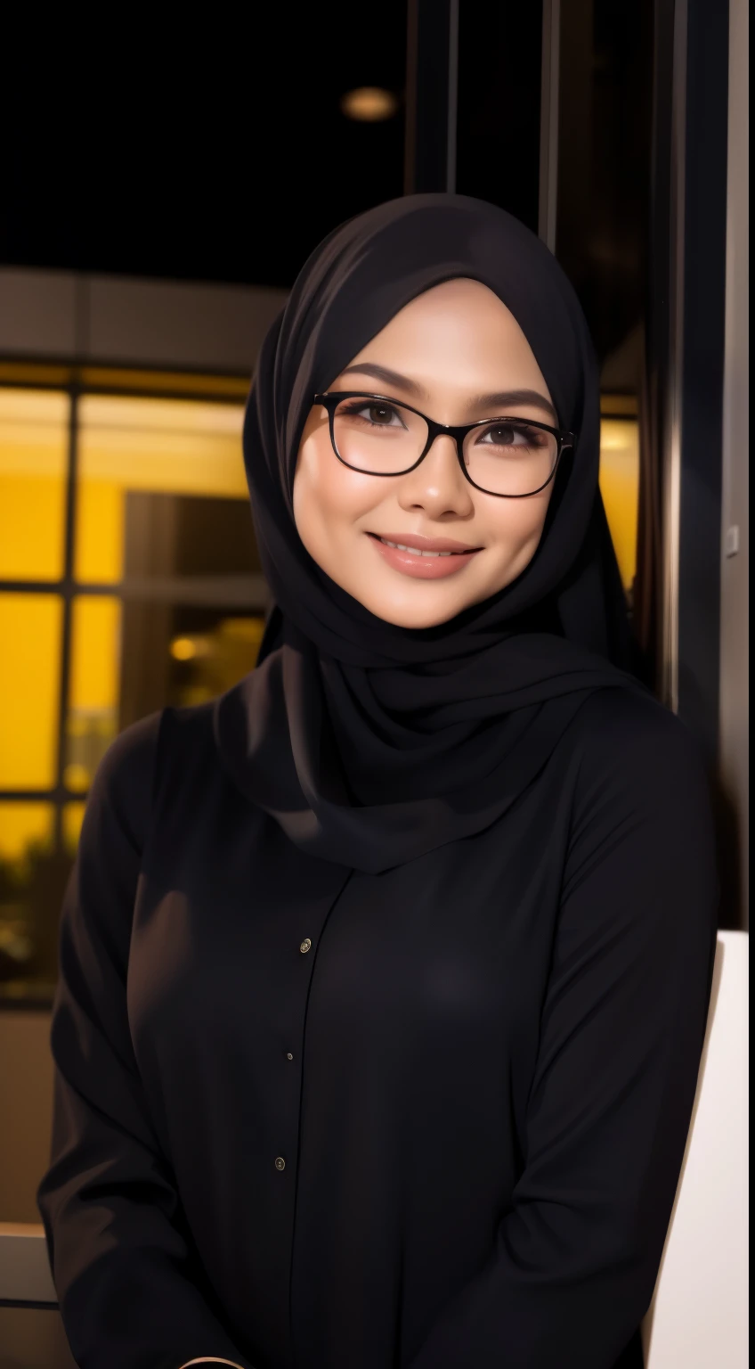 Malay girl in hijab wear tight floral dark baju kurung malaysia in college, wear back pack, front view, detail skin, detail skin texture, mole below eyes, small breast, big hip, big waist, big thigh, slim abs, beautiful body, nighttime, laughing, happy, bright lighting, college student in background, crowded college, blur background, bokeh, spectacles 