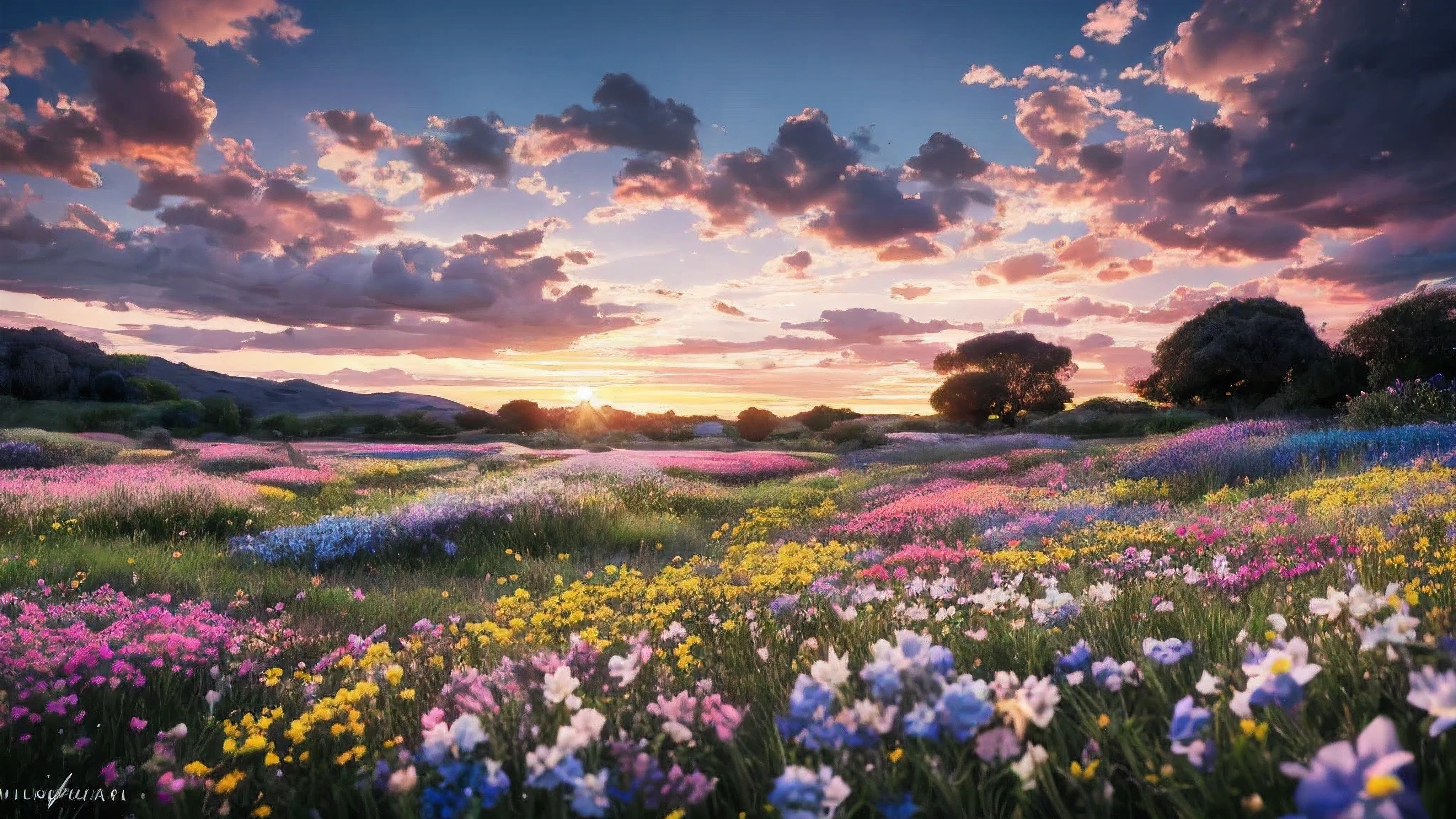 paisaje con campo de flores y cielo atardecer con colores azules y anaranjados, hiperrealista, obra maestra, small details, fotorrealista, Foto ultrarrealista, 8k UHD, digital slr camera, Soft lighting, alta calidad, film grain, Fujifilm XT3