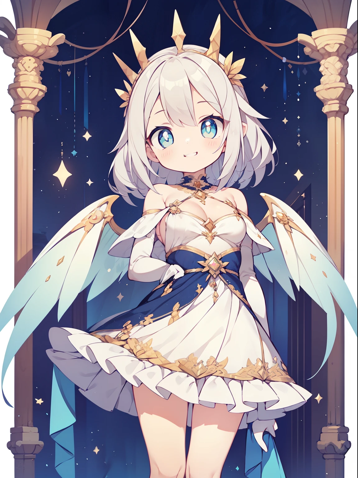 (girl:1.2), (1 person:1.2),(10歳のgirl)、若いgirl、big breasts、 nffsw、shader、highly detailed eyes、long straight hair、side boob、Lustrous cleavage、silver hair、Fairy Wings、silky hair、Off-the-shoulder gowns(White thin fabric、unadorned costume、Silvery decoration、mini skirt、plain silk gloves)、ultra-intricate pupil in eyes、highest quality、bright colors、Bust 100、rests、Standing picture of the game、Stirring composition、Composition looking up from below、Lift your with your hands、Pose that emphasizes the chest、fold your arms、grinning expression、eyes half closed、open your mouth、Stinking eyes、evil face、Bullish smile、fold your hands behind your back、Hide your hands、evil smile、whole body、美New、god々New、Forest Springs