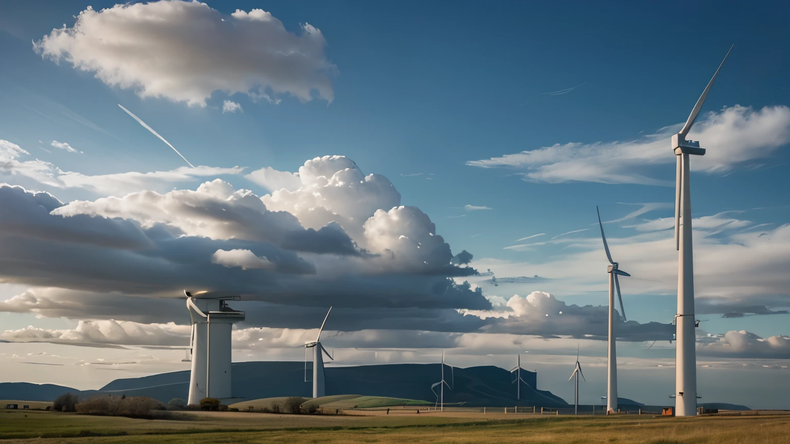 Design an image featuring a landscape with wind turbines in motion, generating clean energy. Capture the wind turbines against a sky with dynamic cloud formations