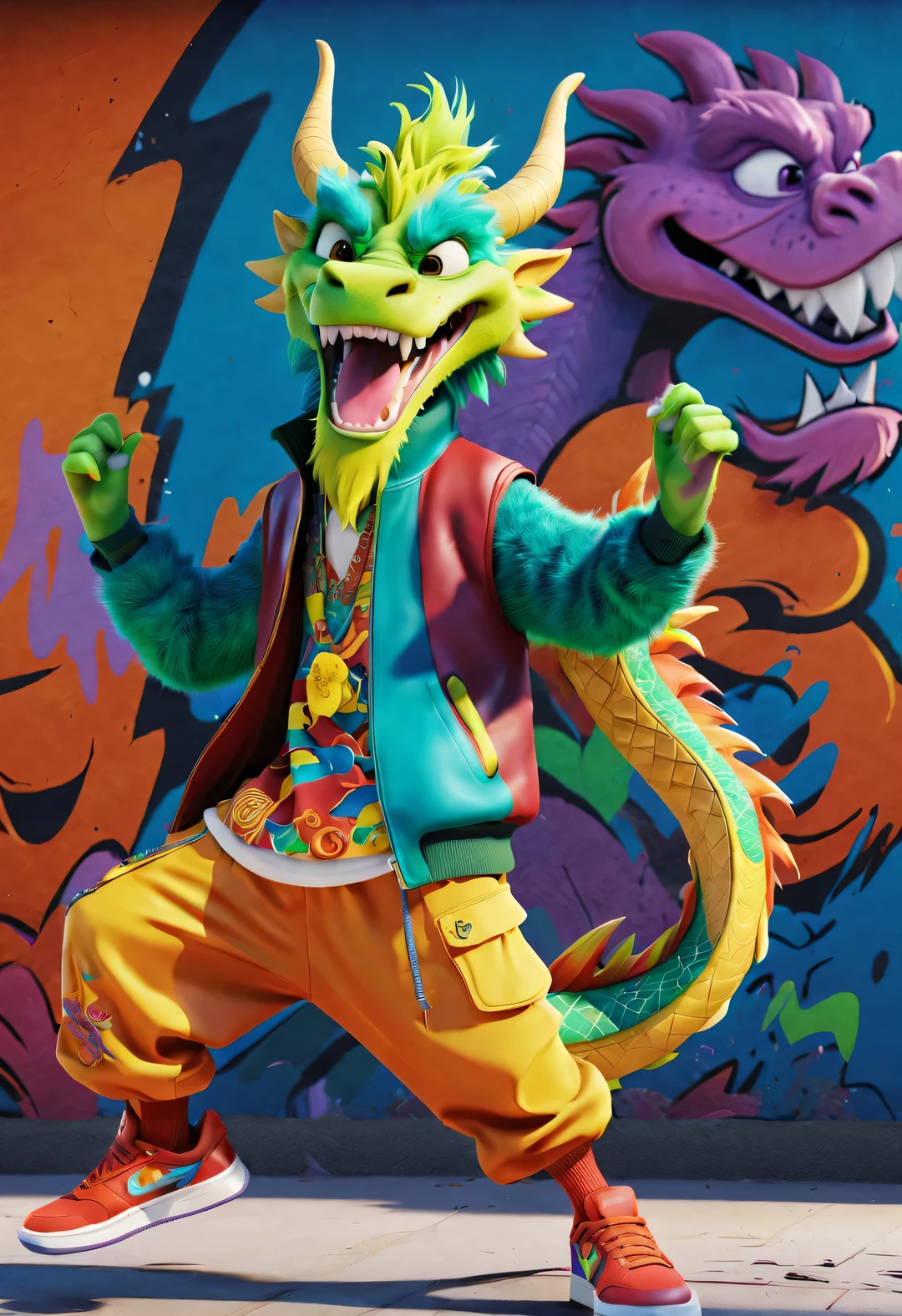 Pixar style, 3d rendering, hairy, (Humanized Chinese dragon wearing fashionable clothing, Pants, and shoes strutting), dynamic action, Graffiti pattern, hip hop style, colorful, masterpiece, Ultra high detail, Overclocked rendering, range mark drawing, Ballpoint pen outline, 8k, Super fun, interesting,